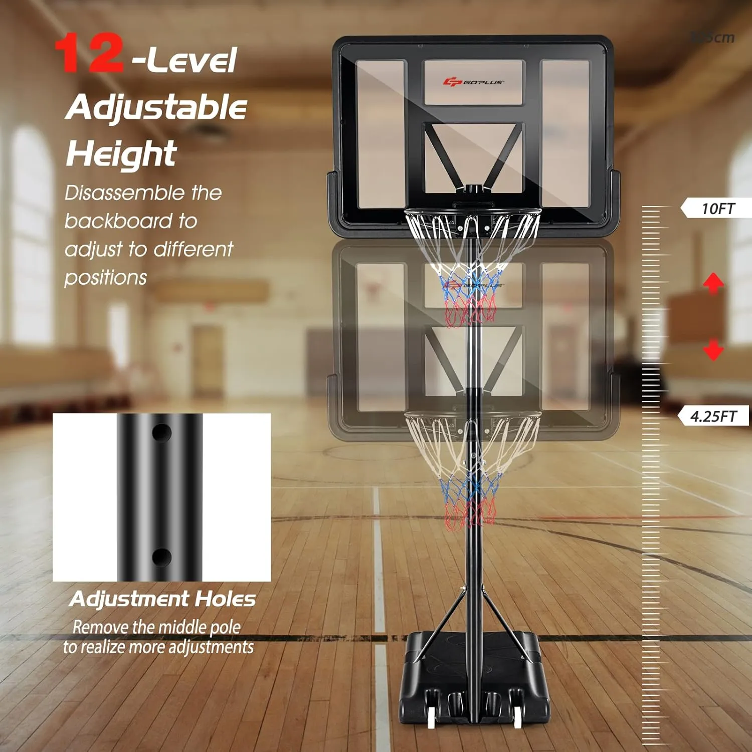 Goplus Portable Basketball Hoop, 4.25-10FT Height Adjustable, 44'' Shatterproof Backboard, 18" Basket Rim, Wheels, Basketball Goal for Kids Youth Adults Outdoor