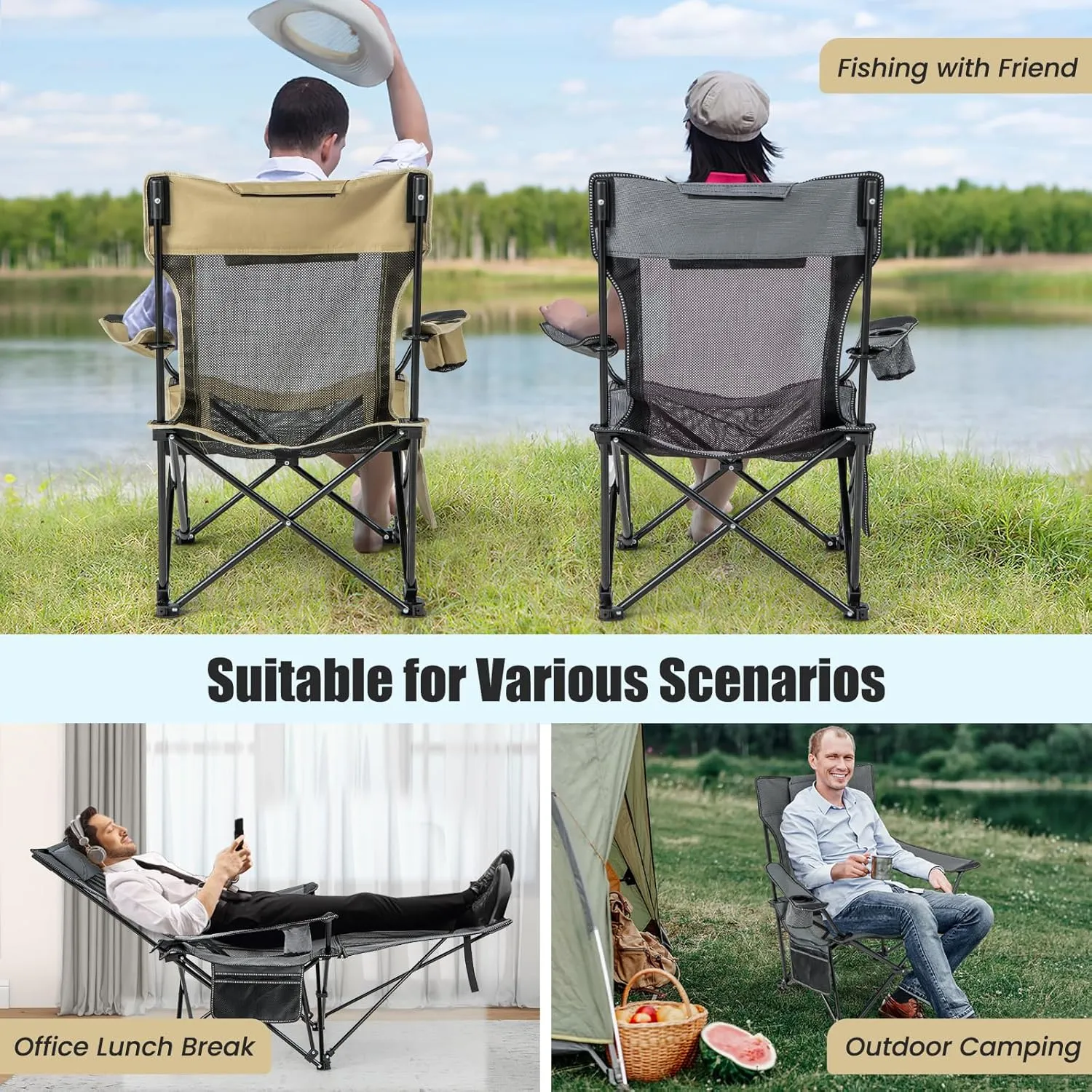 Goplus Reclining Camping Chair with Foot Rest, Folding Lounge Chair for Adults, w/Adjustable Backrest, Storage Bag & Cup Holder, Portable Recliner Beach Chair Outdoor Camp Picnics, 330 LBS (1, Grey)