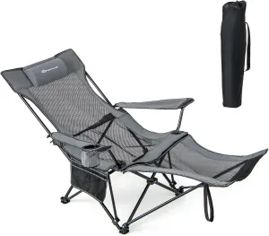Goplus Reclining Camping Chair with Foot Rest, Folding Lounge Chair for Adults, w/Adjustable Backrest, Storage Bag & Cup Holder, Portable Recliner Beach Chair Outdoor Camp Picnics, 330 LBS (1, Grey)