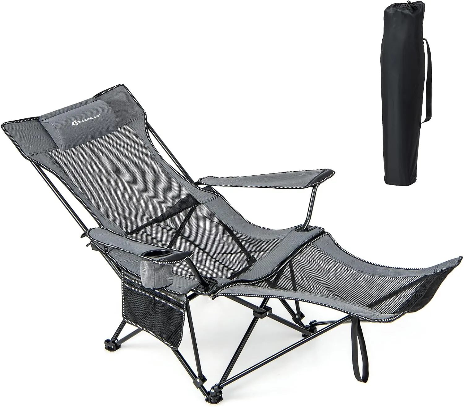 Goplus Reclining Camping Chair with Foot Rest, Folding Lounge Chair for Adults, w/Adjustable Backrest, Storage Bag & Cup Holder, Portable Recliner Beach Chair Outdoor Camp Picnics, 330 LBS (1, Grey)