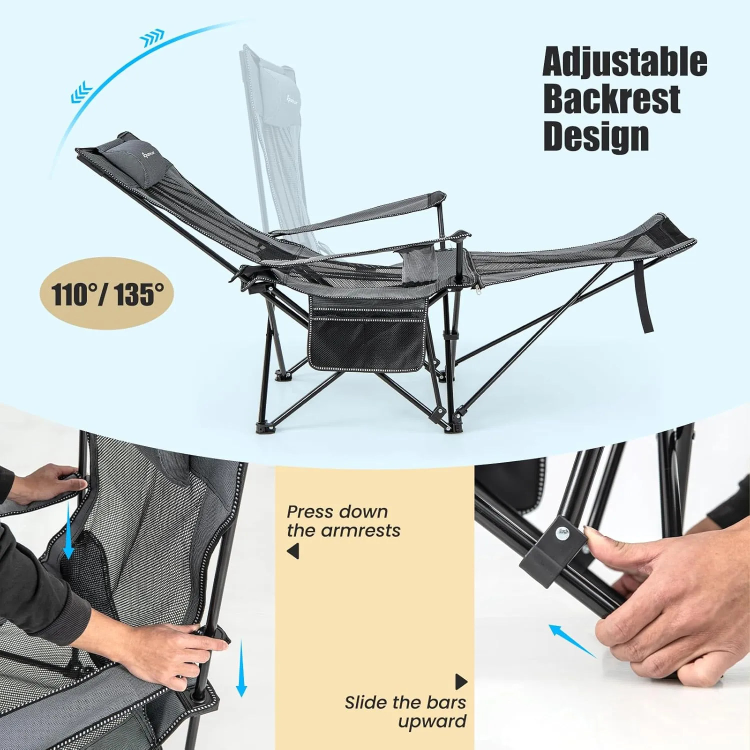 Goplus Reclining Camping Chair with Foot Rest, Folding Lounge Chair for Adults, w/Adjustable Backrest, Storage Bag & Cup Holder, Portable Recliner Beach Chair Outdoor Camp Picnics, 330 LBS (1, Grey)