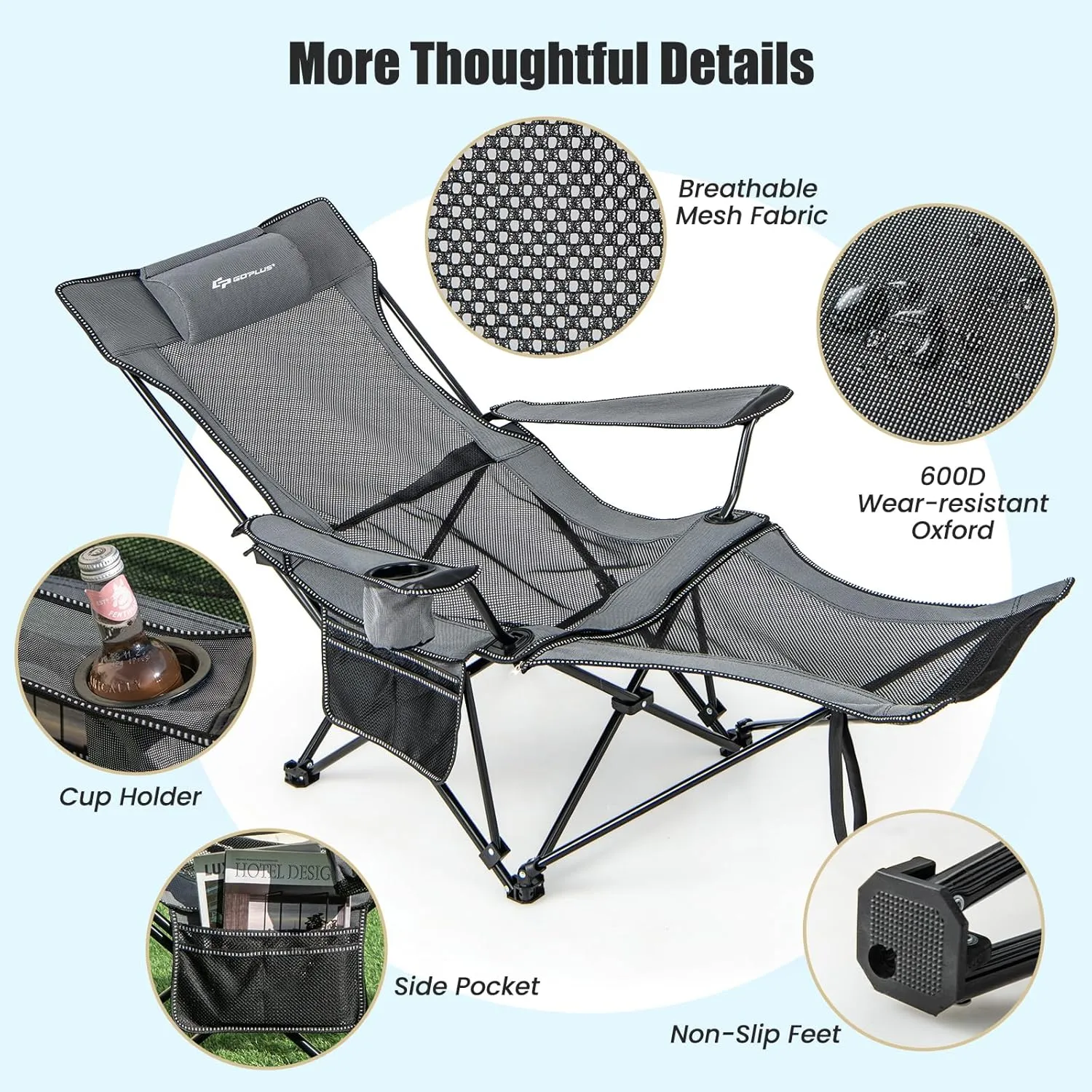 Goplus Reclining Camping Chair with Foot Rest, Folding Lounge Chair for Adults, w/Adjustable Backrest, Storage Bag & Cup Holder, Portable Recliner Beach Chair Outdoor Camp Picnics, 330 LBS (1, Grey)