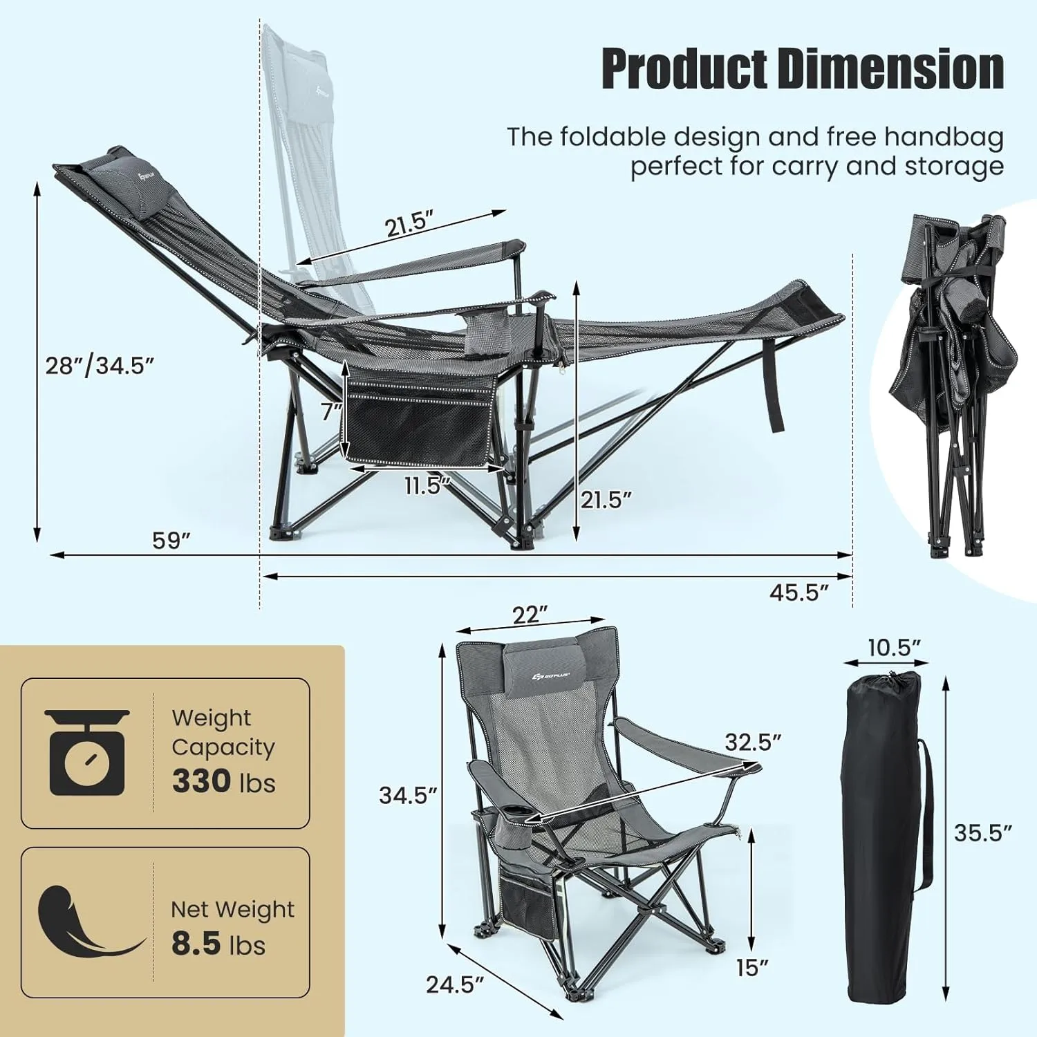 Goplus Reclining Camping Chair with Foot Rest, Folding Lounge Chair for Adults, w/Adjustable Backrest, Storage Bag & Cup Holder, Portable Recliner Beach Chair Outdoor Camp Picnics, 330 LBS (1, Grey)