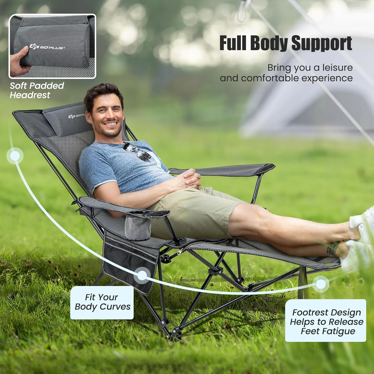 Goplus Reclining Camping Chair with Foot Rest, Folding Lounge Chair for Adults, w/Adjustable Backrest, Storage Bag & Cup Holder, Portable Recliner Beach Chair Outdoor Camp Picnics, 330 LBS (1, Grey)