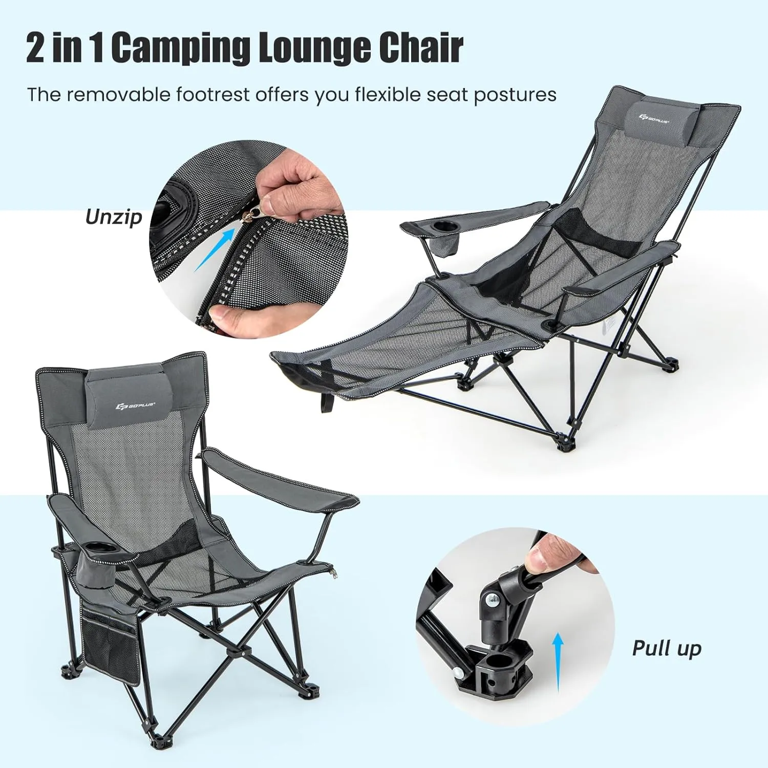 Goplus Reclining Camping Chair with Foot Rest, Folding Lounge Chair for Adults, w/Adjustable Backrest, Storage Bag & Cup Holder, Portable Recliner Beach Chair Outdoor Camp Picnics, 330 LBS (1, Grey)