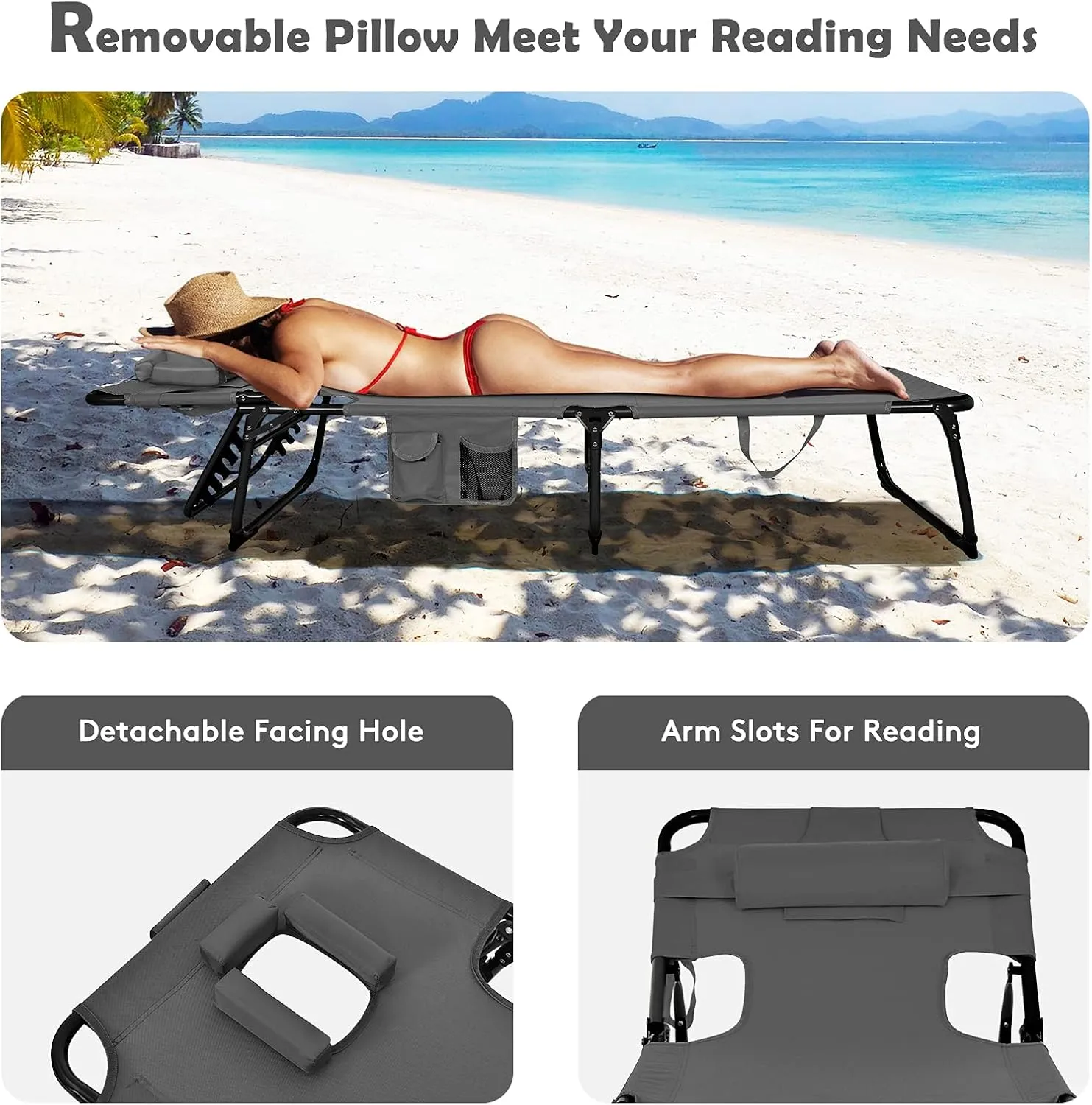 Goplus Tanning Chair, Folding Beach Lounge Chair with Face &Arm Hole, 5-Position Adjustable,Removable Pillow,Side Pocket, Sunbathing Chair, Portable Outdoor Lounge Chair for Patio Pool Lawn (2, Gray)