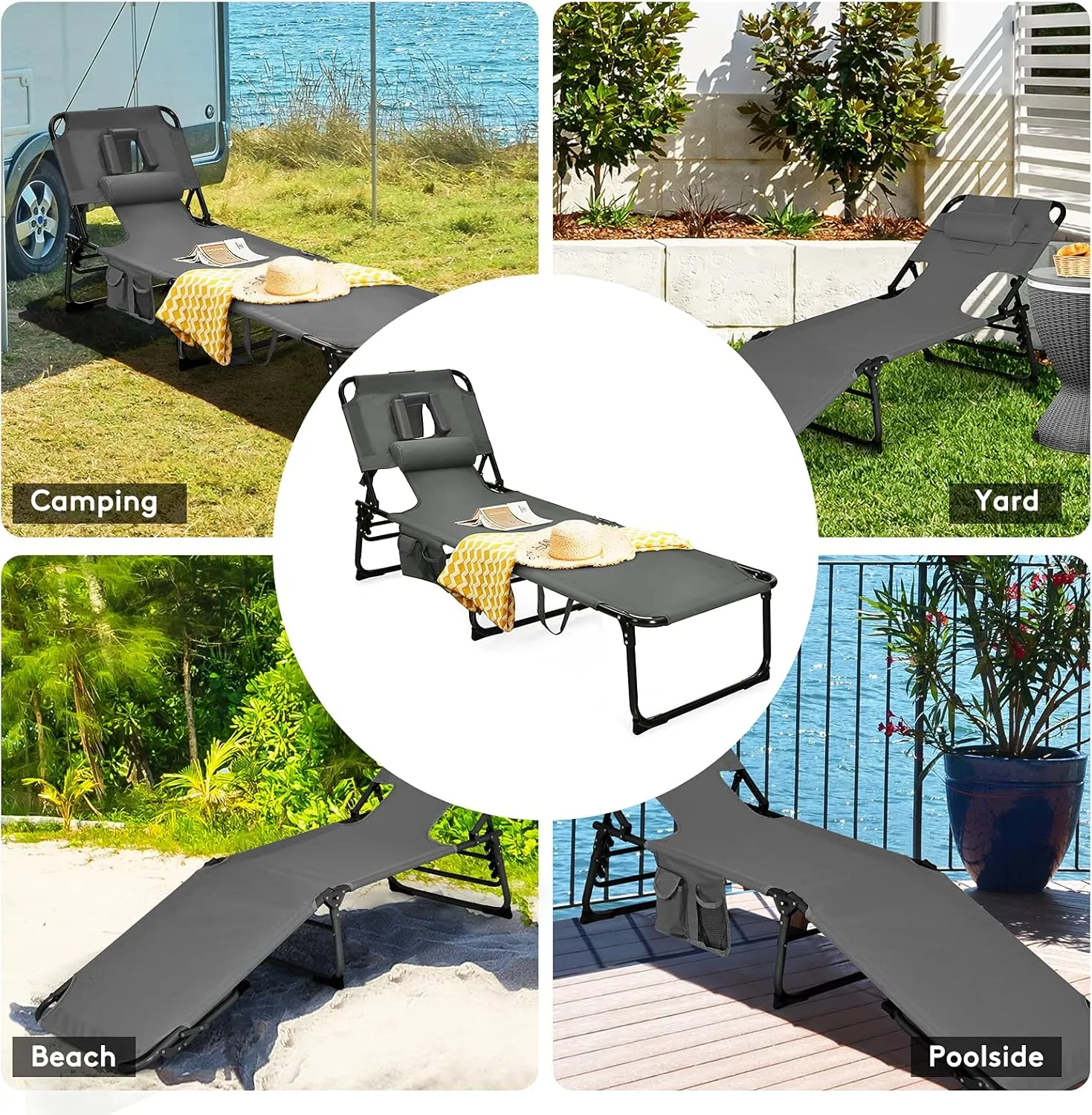 Goplus Tanning Chair, Folding Beach Lounge Chair with Face &Arm Hole, 5-Position Adjustable,Removable Pillow,Side Pocket, Sunbathing Chair, Portable Outdoor Lounge Chair for Patio Pool Lawn (2, Gray)