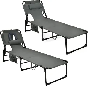 Goplus Tanning Chair, Folding Beach Lounge Chair with Face &Arm Hole, 5-Position Adjustable,Removable Pillow,Side Pocket, Sunbathing Chair, Portable Outdoor Lounge Chair for Patio Pool Lawn (2, Gray)