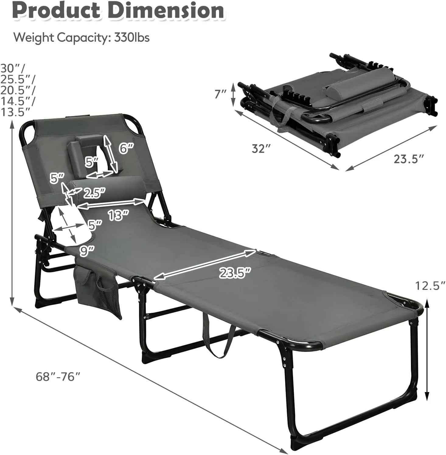 Goplus Tanning Chair, Folding Beach Lounge Chair with Face &Arm Hole, 5-Position Adjustable,Removable Pillow,Side Pocket, Sunbathing Chair, Portable Outdoor Lounge Chair for Patio Pool Lawn (2, Gray)