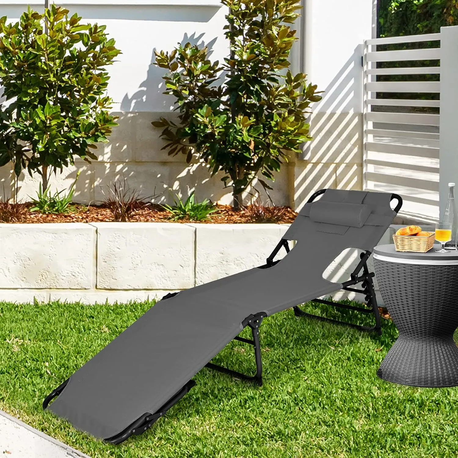 Goplus Tanning Chair, Folding Beach Lounge Chair with Face &Arm Hole, 5-Position Adjustable,Removable Pillow,Side Pocket, Sunbathing Chair, Portable Outdoor Lounge Chair for Patio Pool Lawn (2, Gray)