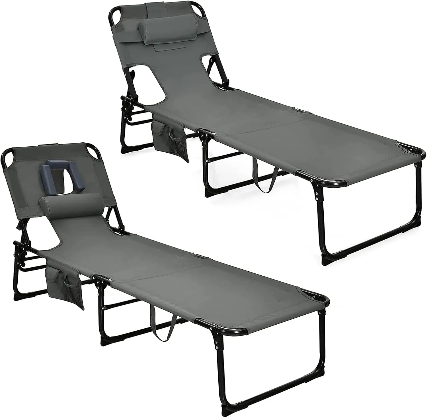 Goplus Tanning Chair, Folding Beach Lounge Chair with Face &Arm Hole, 5-Position Adjustable,Removable Pillow,Side Pocket, Sunbathing Chair, Portable Outdoor Lounge Chair for Patio Pool Lawn (2, Gray)