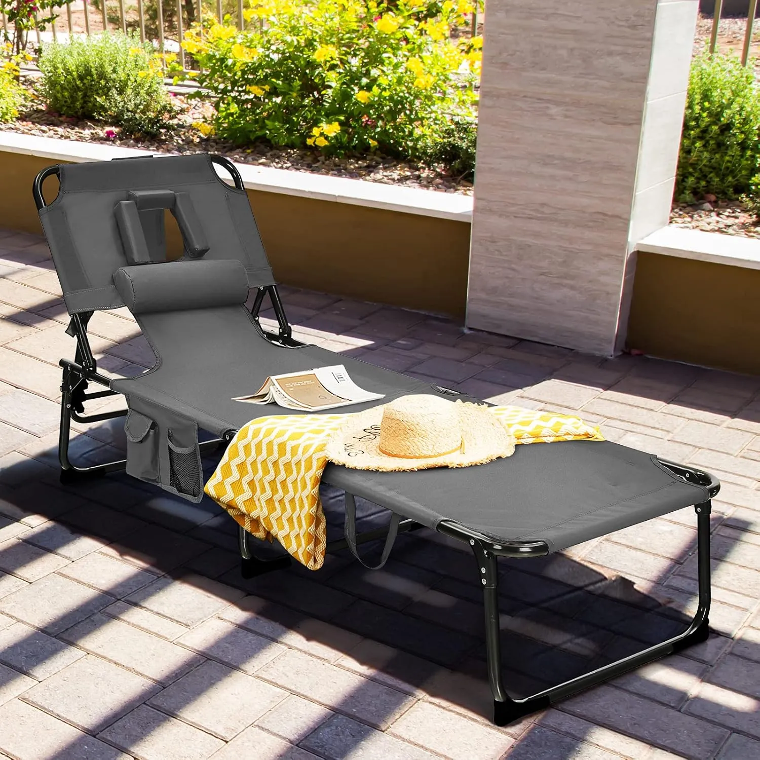 Goplus Tanning Chair, Folding Beach Lounge Chair with Face &Arm Hole, 5-Position Adjustable,Removable Pillow,Side Pocket, Sunbathing Chair, Portable Outdoor Lounge Chair for Patio Pool Lawn (2, Gray)