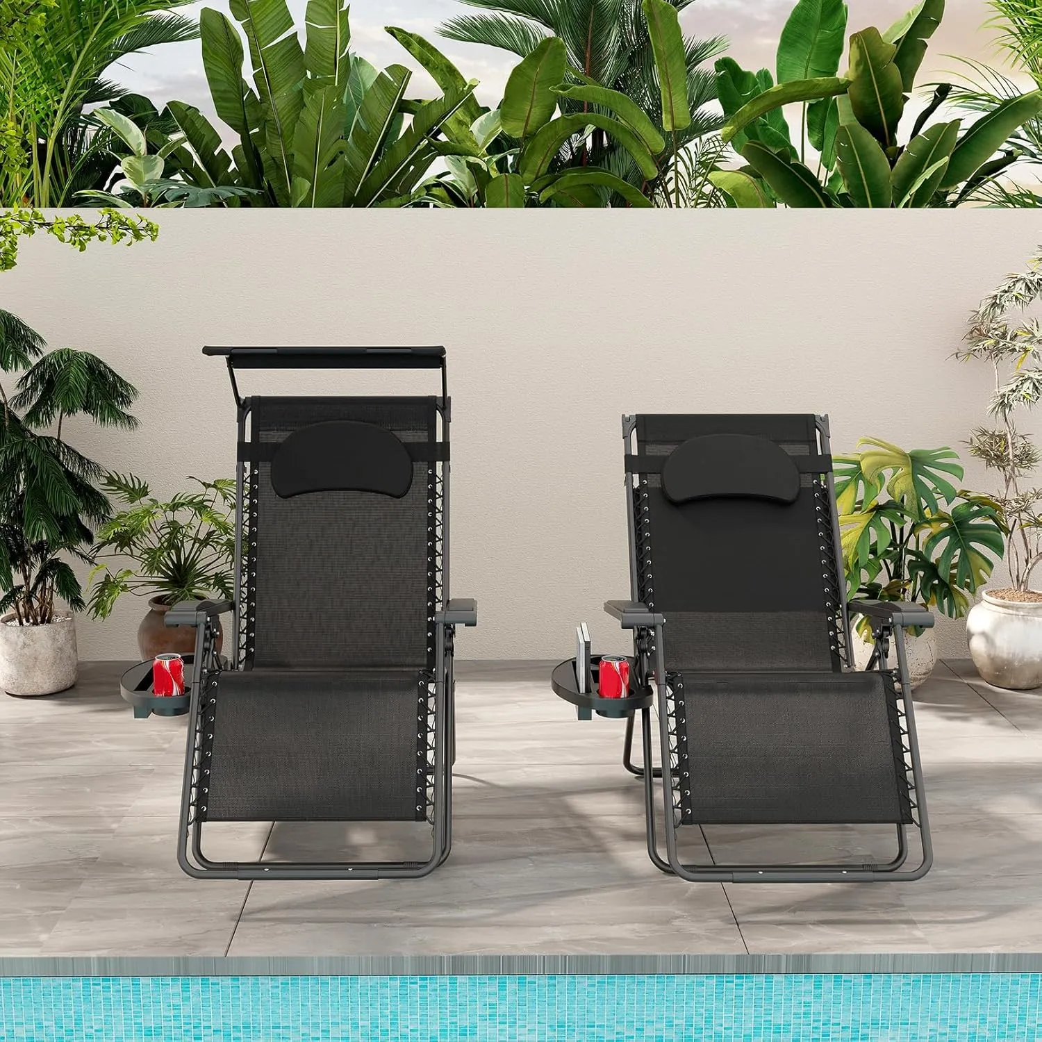 Goplus Zero Gravity Chairs, X-Large Folding Lounge Lawn Chair w/Canopy Shade & Cup Holder, Adjustable Folding Patio Recliner for Pool Porch Deck Oversize (Black)