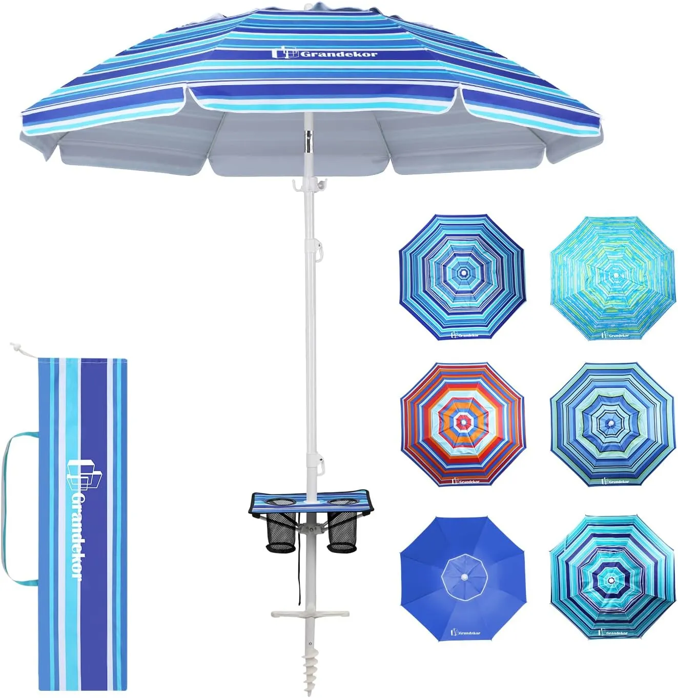 Grandekor 7FT Beach Umbrellas for Sand Heavy Duty Wind Portable Beach Umbrella with Table Travel Beach Umbrella with Carry Bag Sun Umbrella Beach, UV 50 