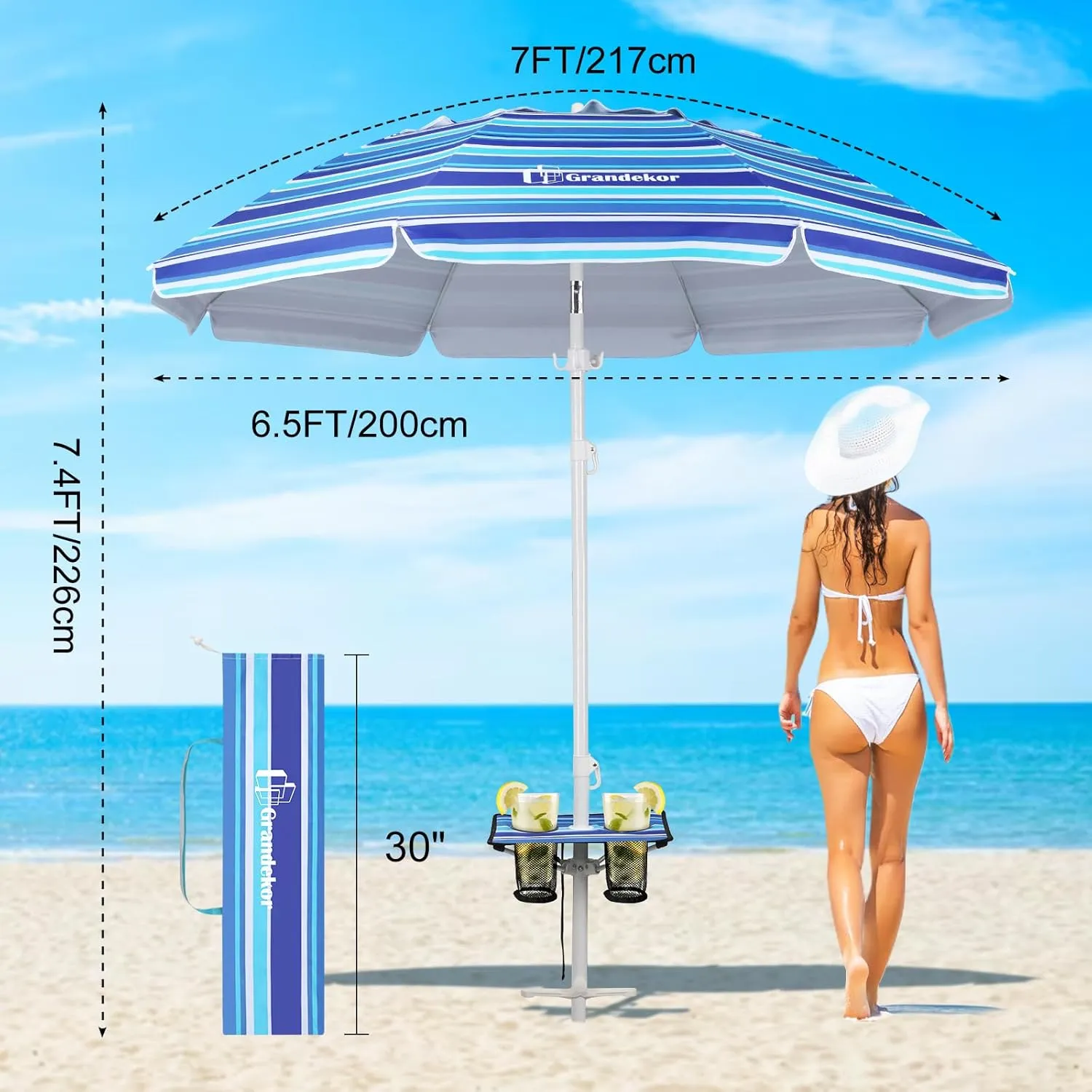 Grandekor 7FT Beach Umbrellas for Sand Heavy Duty Wind Portable Beach Umbrella with Table Travel Beach Umbrella with Carry Bag Sun Umbrella Beach, UV 50 