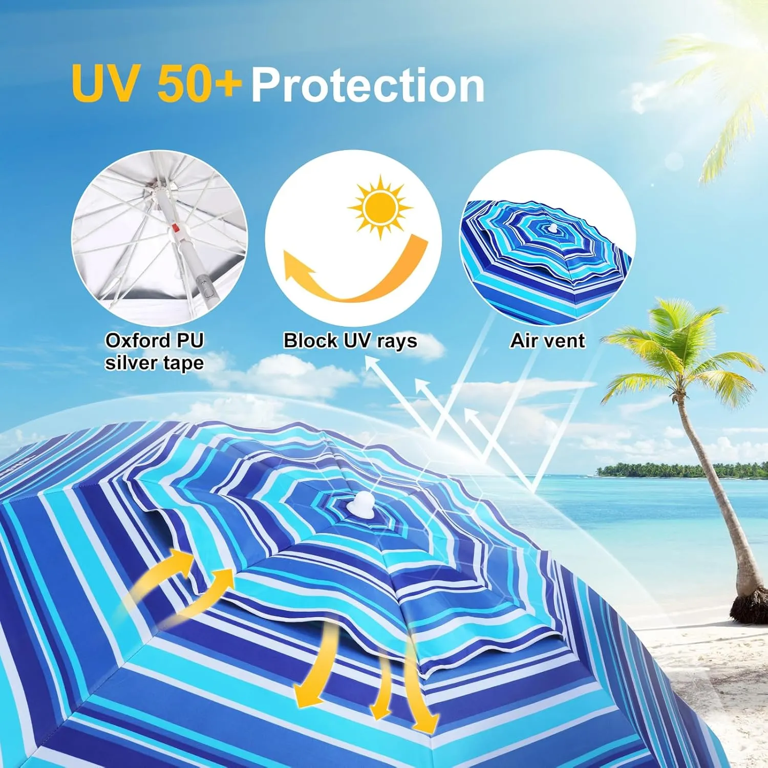 Grandekor 7FT Beach Umbrellas for Sand Heavy Duty Wind Portable Beach Umbrella with Table Travel Beach Umbrella with Carry Bag Sun Umbrella Beach, UV 50 