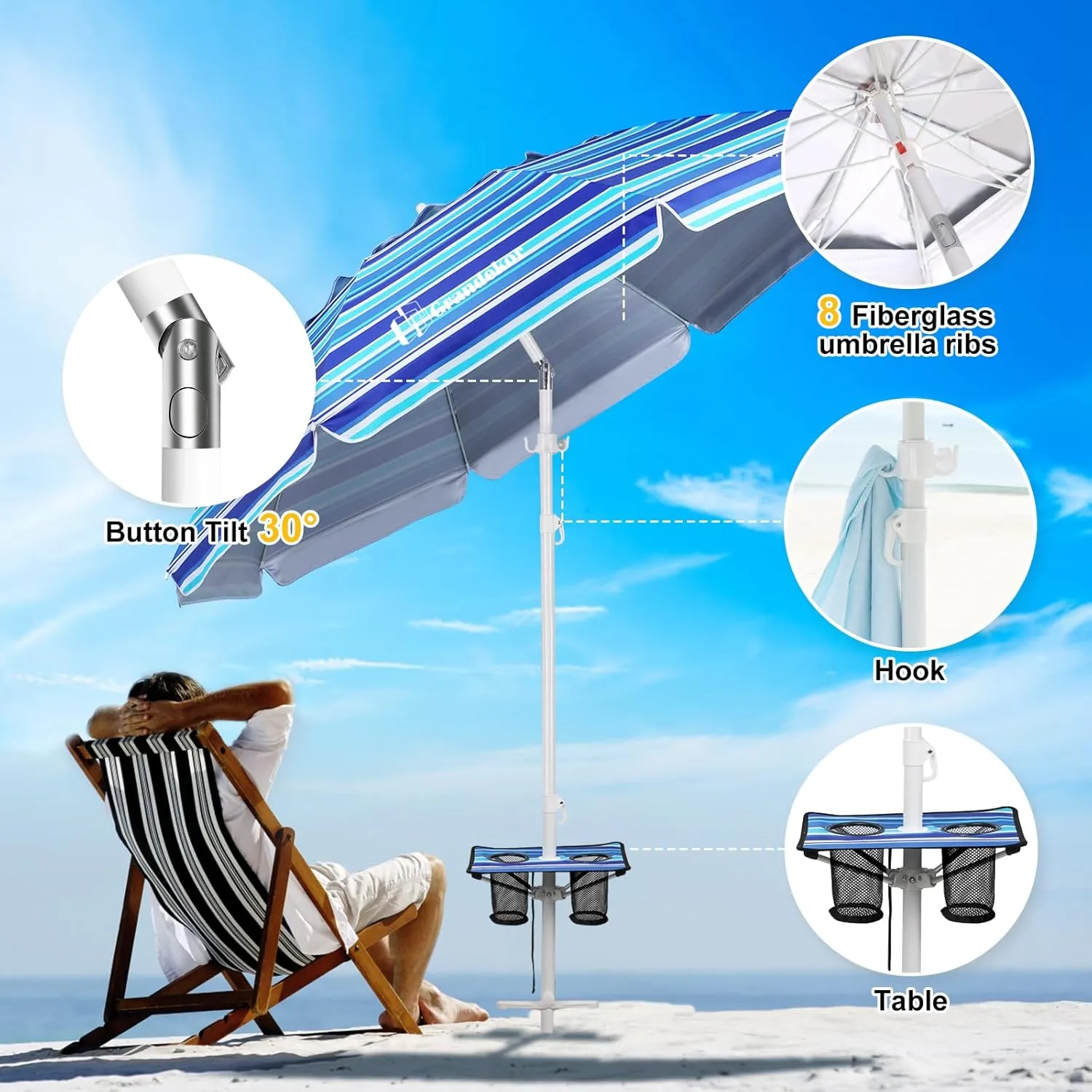 Grandekor 7FT Beach Umbrellas for Sand Heavy Duty Wind Portable Beach Umbrella with Table Travel Beach Umbrella with Carry Bag Sun Umbrella Beach, UV 50 