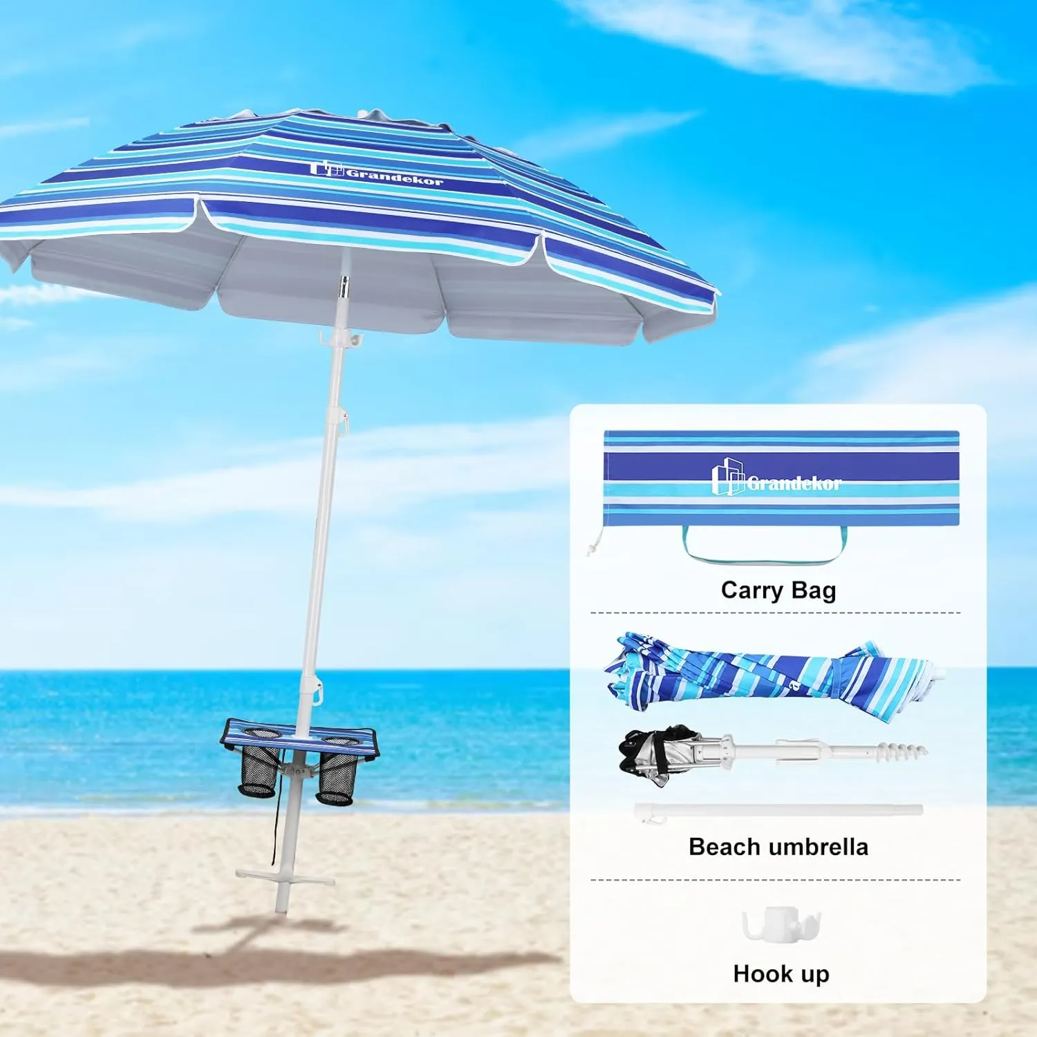 Grandekor 7FT Beach Umbrellas for Sand Heavy Duty Wind Portable Beach Umbrella with Table Travel Beach Umbrella with Carry Bag Sun Umbrella Beach, UV 50 