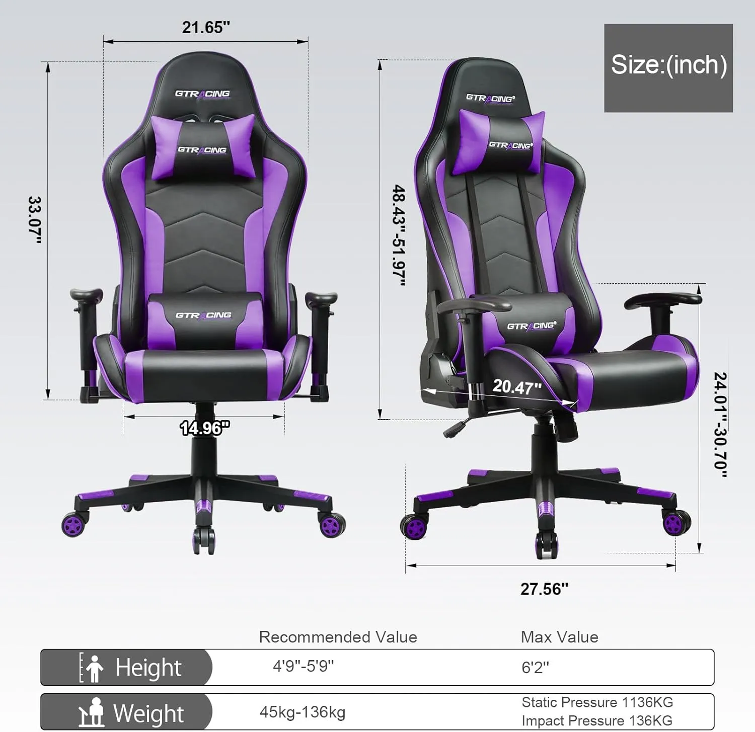 GTRACING Gaming Chair with Bluetooth Speakers Music Video Game Chair Audio Ergonomic Design Heavy Duty Office Computer Desk Chair GT890M Purple