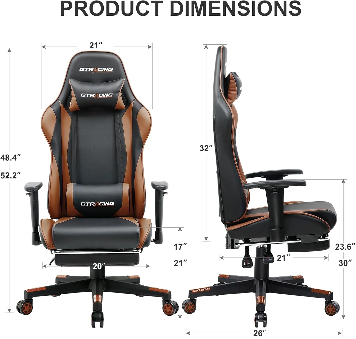 GTRACING Gaming Chair with Footrest, Ergonomic Computer Game Desk Chair, Reclining Gaming Chair Seat Height Adjustment, Swivel Rocker with Headrest and Lumbar (Brown)