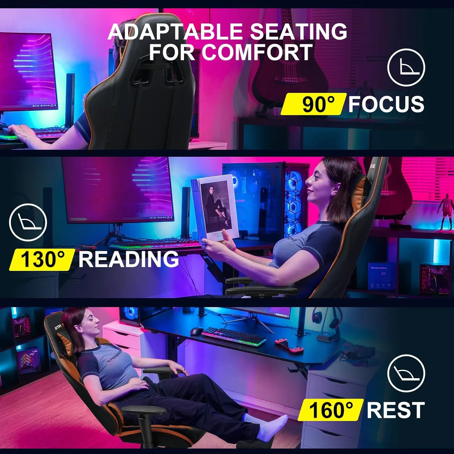 GTRACING Gaming Chair with Footrest, Ergonomic Computer Game Desk Chair, Reclining Gaming Chair Seat Height Adjustment, Swivel Rocker with Headrest and Lumbar (Brown)