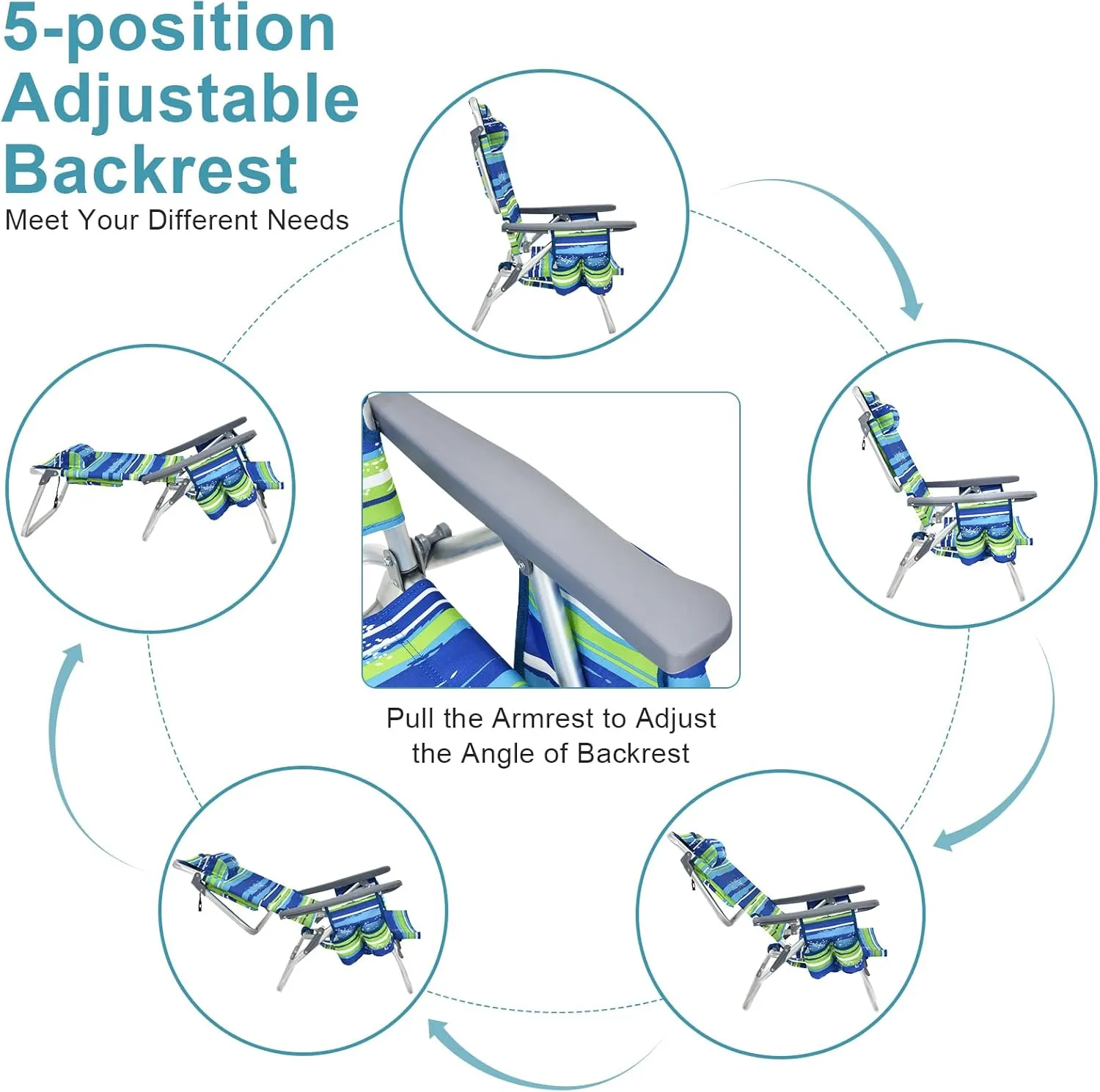 GYMAX Beach Chairs, 4-Pack Backpack Camping Chair w/Armrest, Cooler Bag, Cup Holder, Towel Bar & Pockets, Sunbath Sling Tanning Lounge, Folding Layout Chairs (Blue Strip, Without Table)