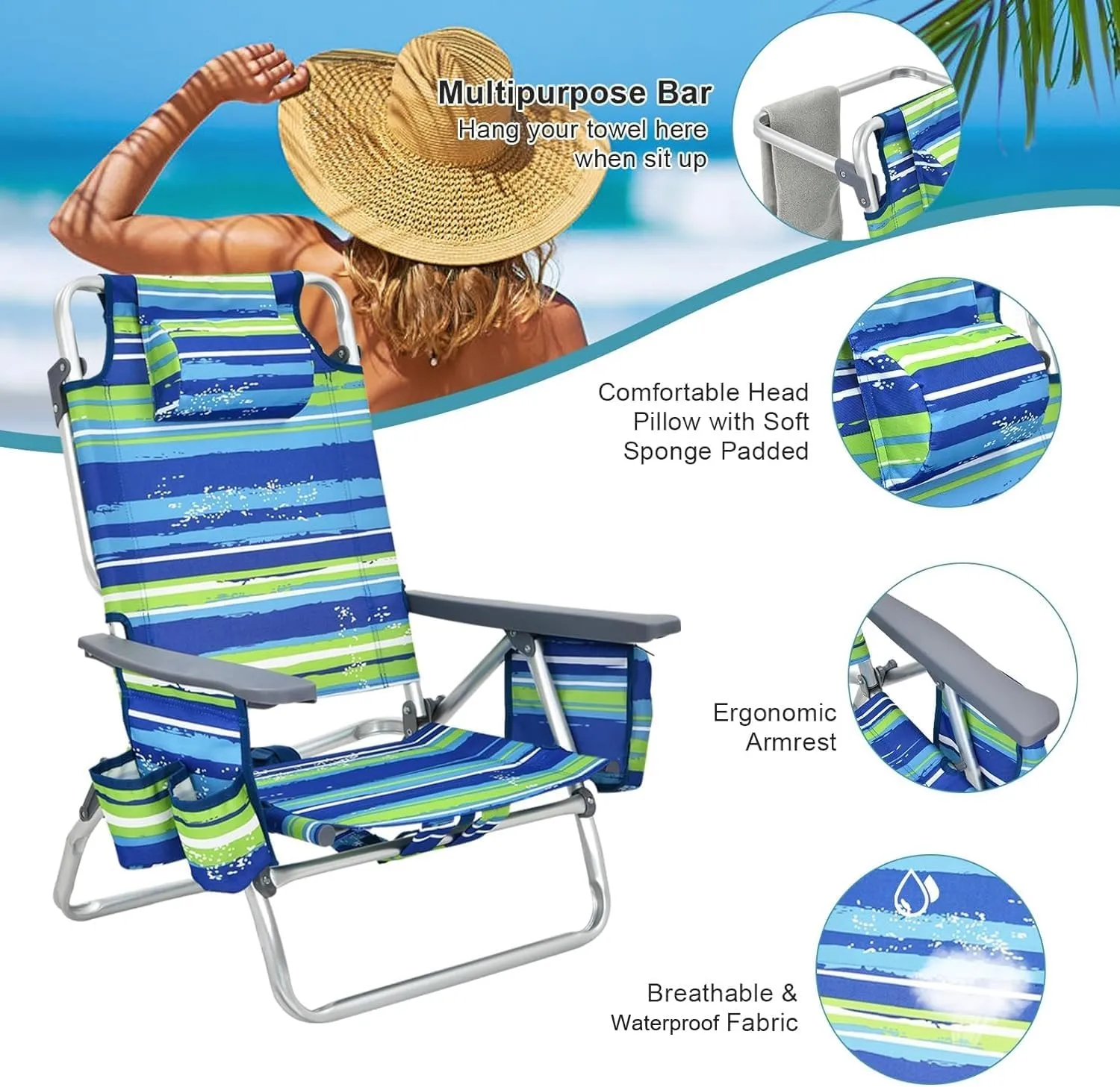 GYMAX Beach Chairs, 4-Pack Backpack Camping Chair w/Armrest, Cooler Bag, Cup Holder, Towel Bar & Pockets, Sunbath Sling Tanning Lounge, Folding Layout Chairs (Blue Strip, Without Table)