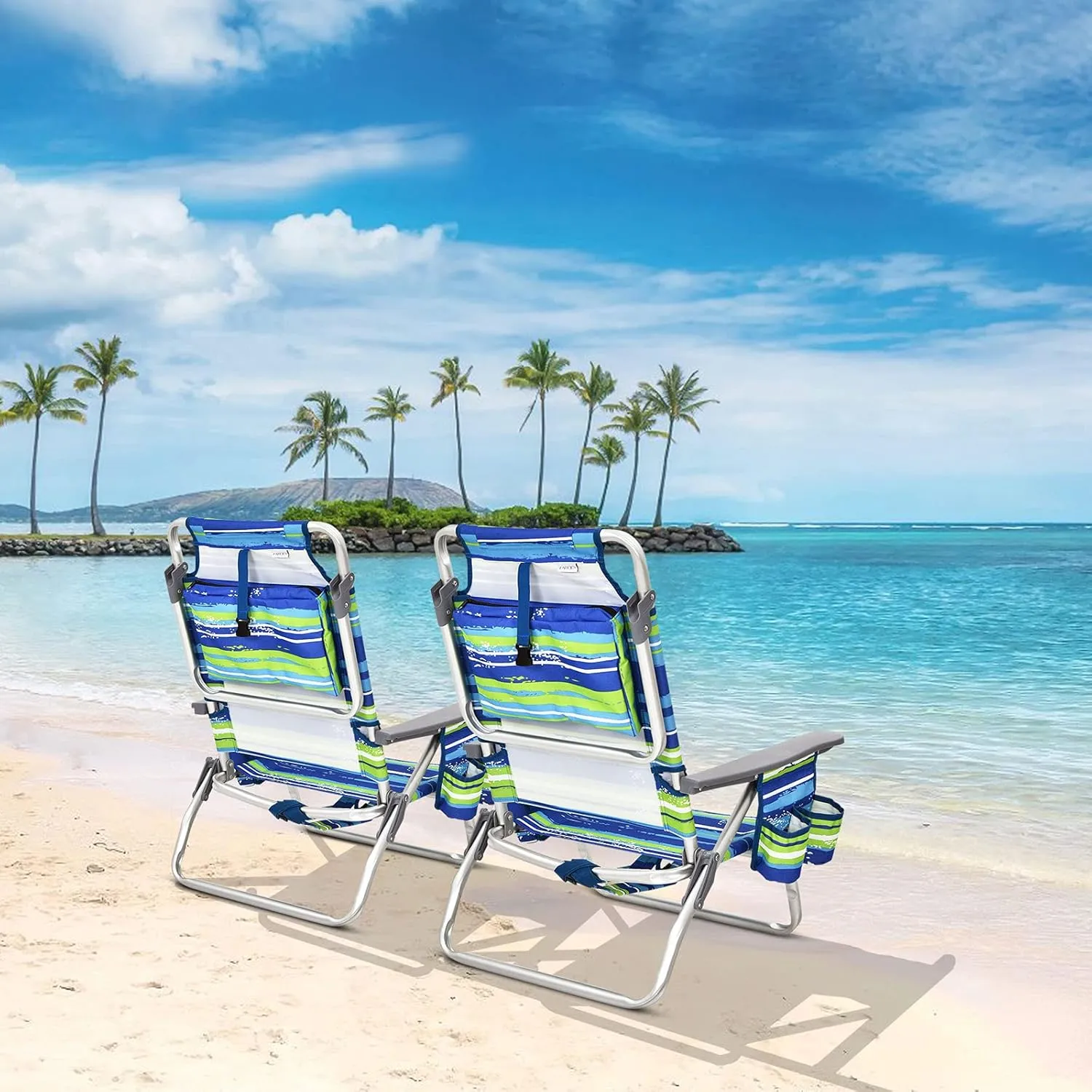 GYMAX Beach Chairs, 4-Pack Backpack Camping Chair w/Armrest, Cooler Bag, Cup Holder, Towel Bar & Pockets, Sunbath Sling Tanning Lounge, Folding Layout Chairs (Blue Strip, Without Table)