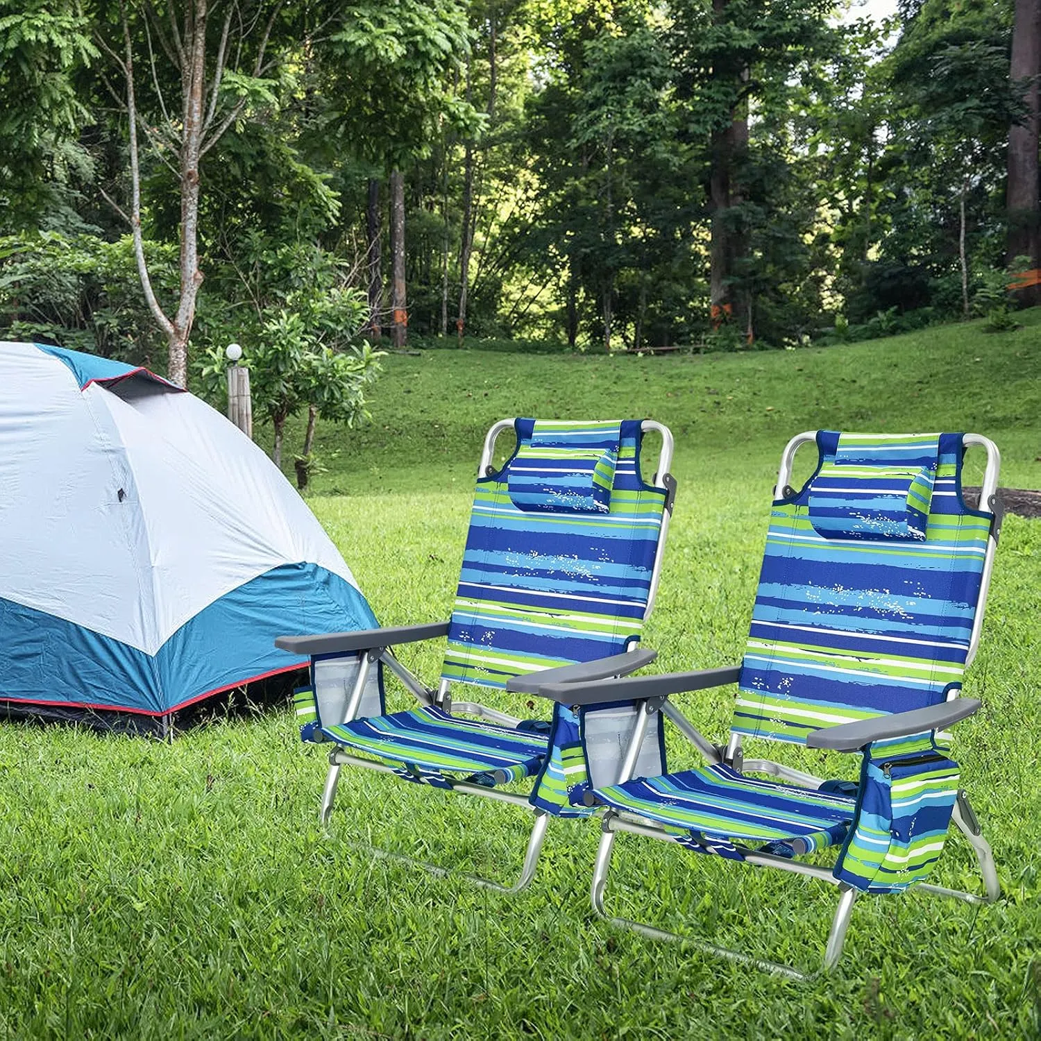 GYMAX Beach Chairs, 4-Pack Backpack Camping Chair w/Armrest, Cooler Bag, Cup Holder, Towel Bar & Pockets, Sunbath Sling Tanning Lounge, Folding Layout Chairs (Blue Strip, Without Table)