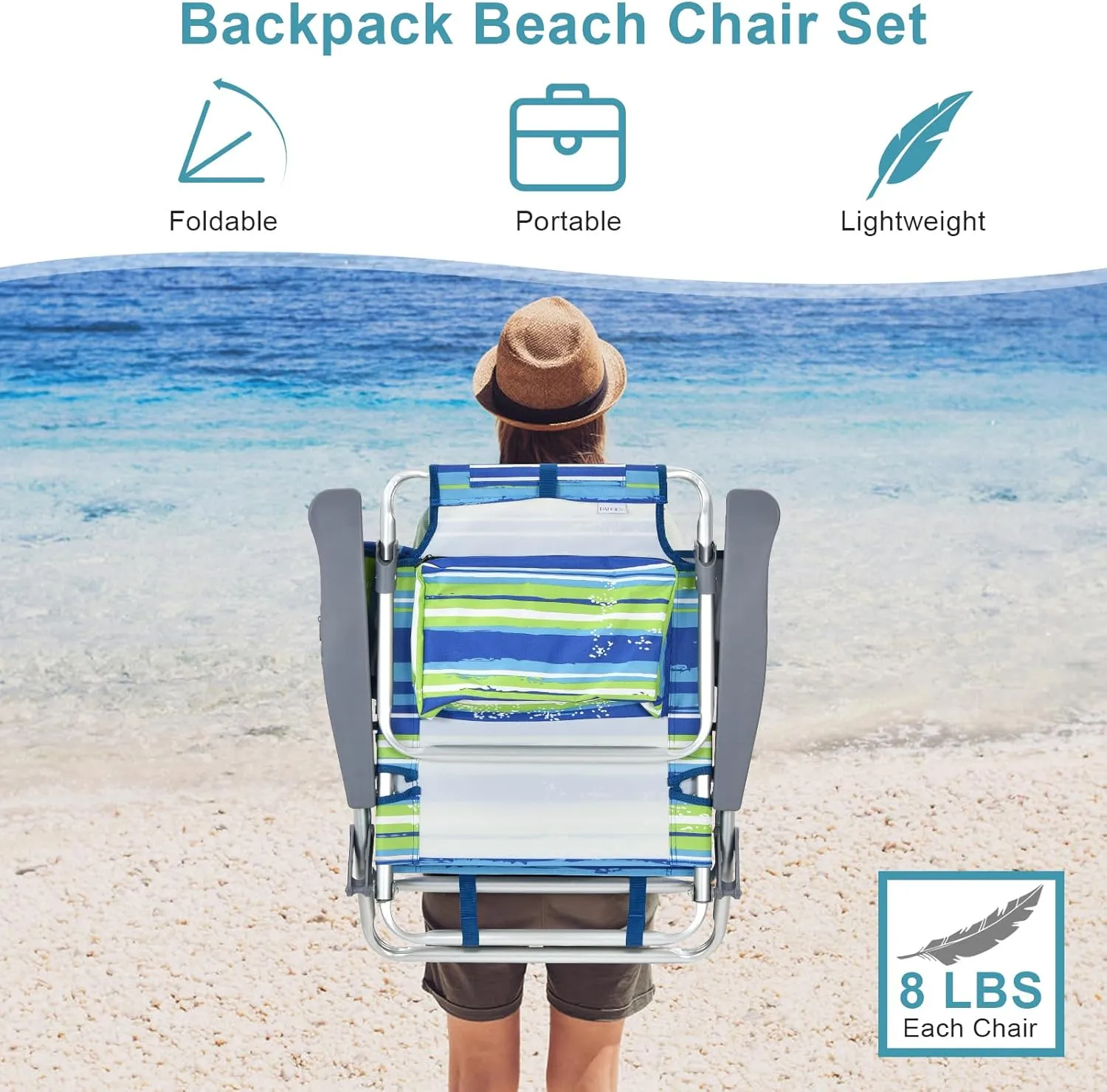 GYMAX Beach Chairs, 4-Pack Backpack Camping Chair w/Armrest, Cooler Bag, Cup Holder, Towel Bar & Pockets, Sunbath Sling Tanning Lounge, Folding Layout Chairs (Blue Strip, Without Table)