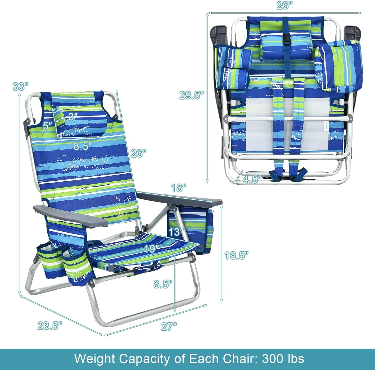 GYMAX Beach Chairs, 4-Pack Backpack Camping Chair w/Armrest, Cooler Bag, Cup Holder, Towel Bar & Pockets, Sunbath Sling Tanning Lounge, Folding Layout Chairs (Blue Strip, Without Table)