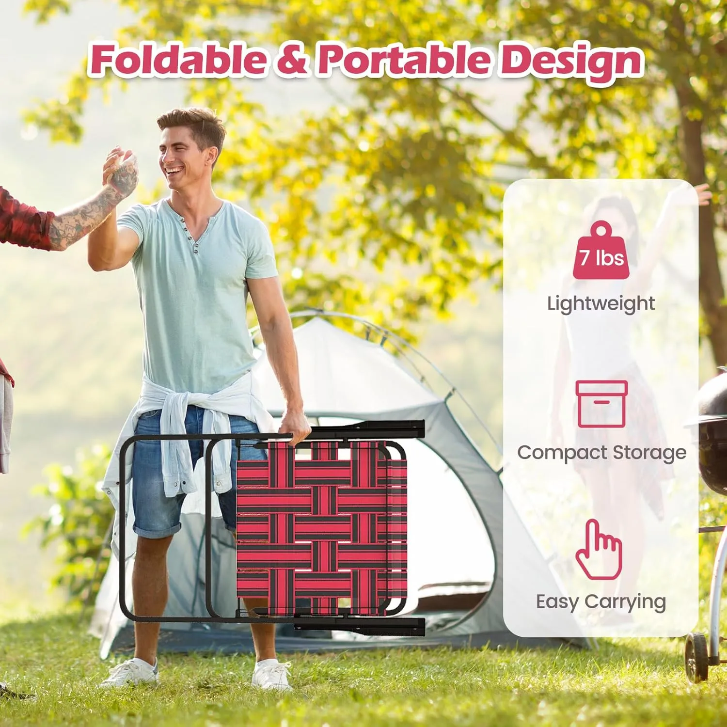 GYMAX Folding Chair, Patio Lawn Chair Set with Armrest, Indoor/Outdoor 4 Pack Webbed Lightweight Dinning Chair, Portable Beach Chair for Outside, Poolside, Backyard (Red, 4)