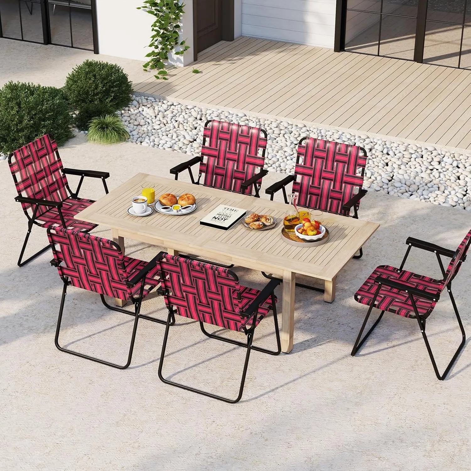 GYMAX Folding Chair, Patio Lawn Chair Set with Armrest, Indoor/Outdoor 4 Pack Webbed Lightweight Dinning Chair, Portable Beach Chair for Outside, Poolside, Backyard (Red, 4)