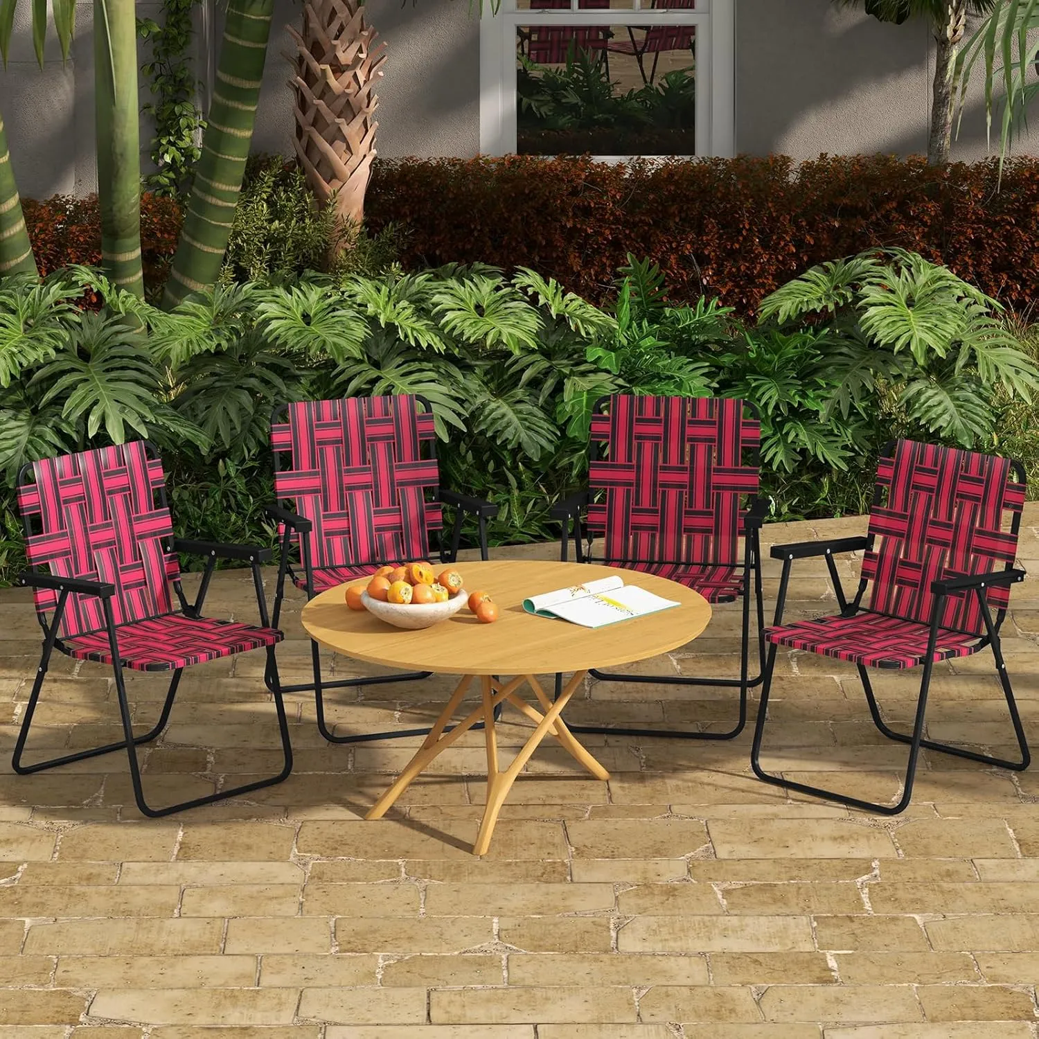 GYMAX Folding Chair, Patio Lawn Chair Set with Armrest, Indoor/Outdoor 4 Pack Webbed Lightweight Dinning Chair, Portable Beach Chair for Outside, Poolside, Backyard (Red, 4)