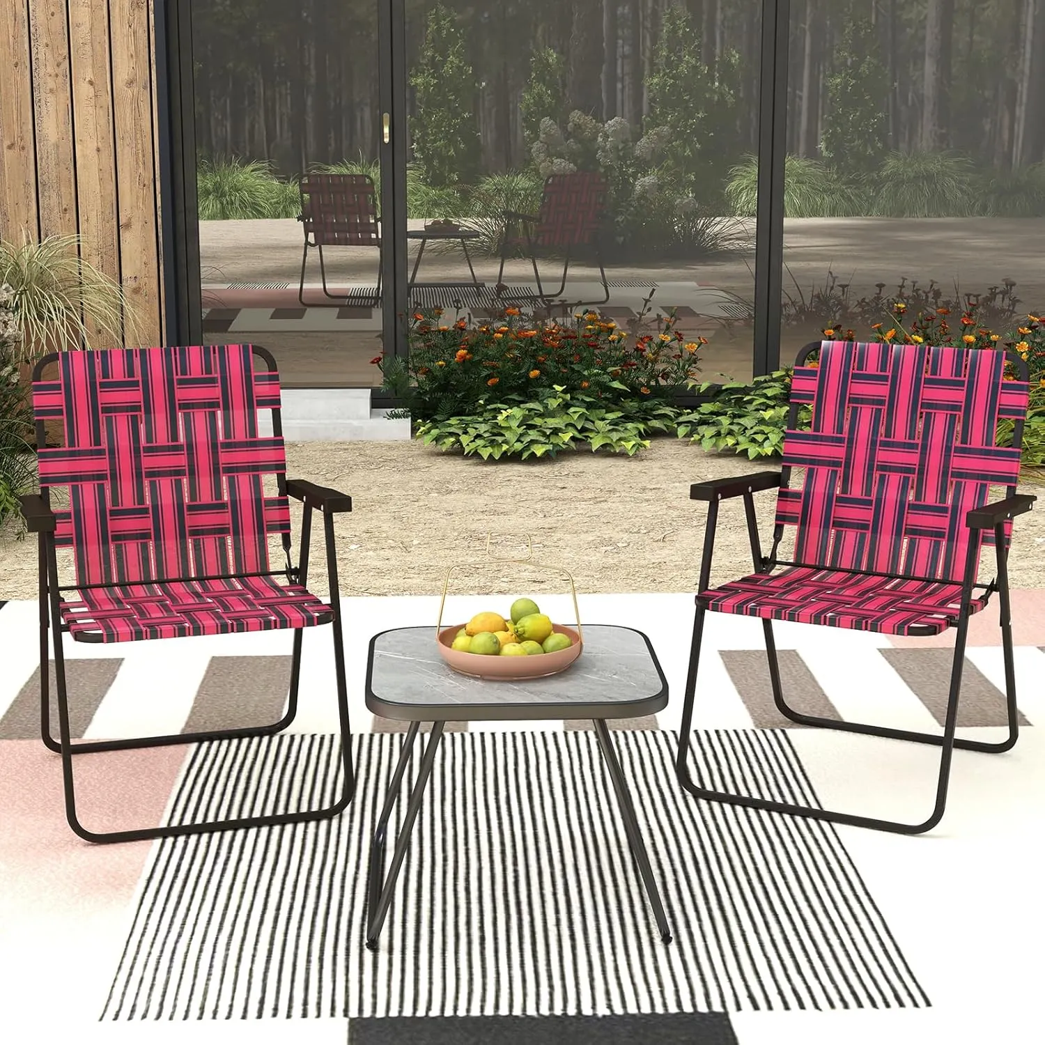 GYMAX Folding Chair, Patio Lawn Chair Set with Armrest, Indoor/Outdoor 4 Pack Webbed Lightweight Dinning Chair, Portable Beach Chair for Outside, Poolside, Backyard (Red, 4)