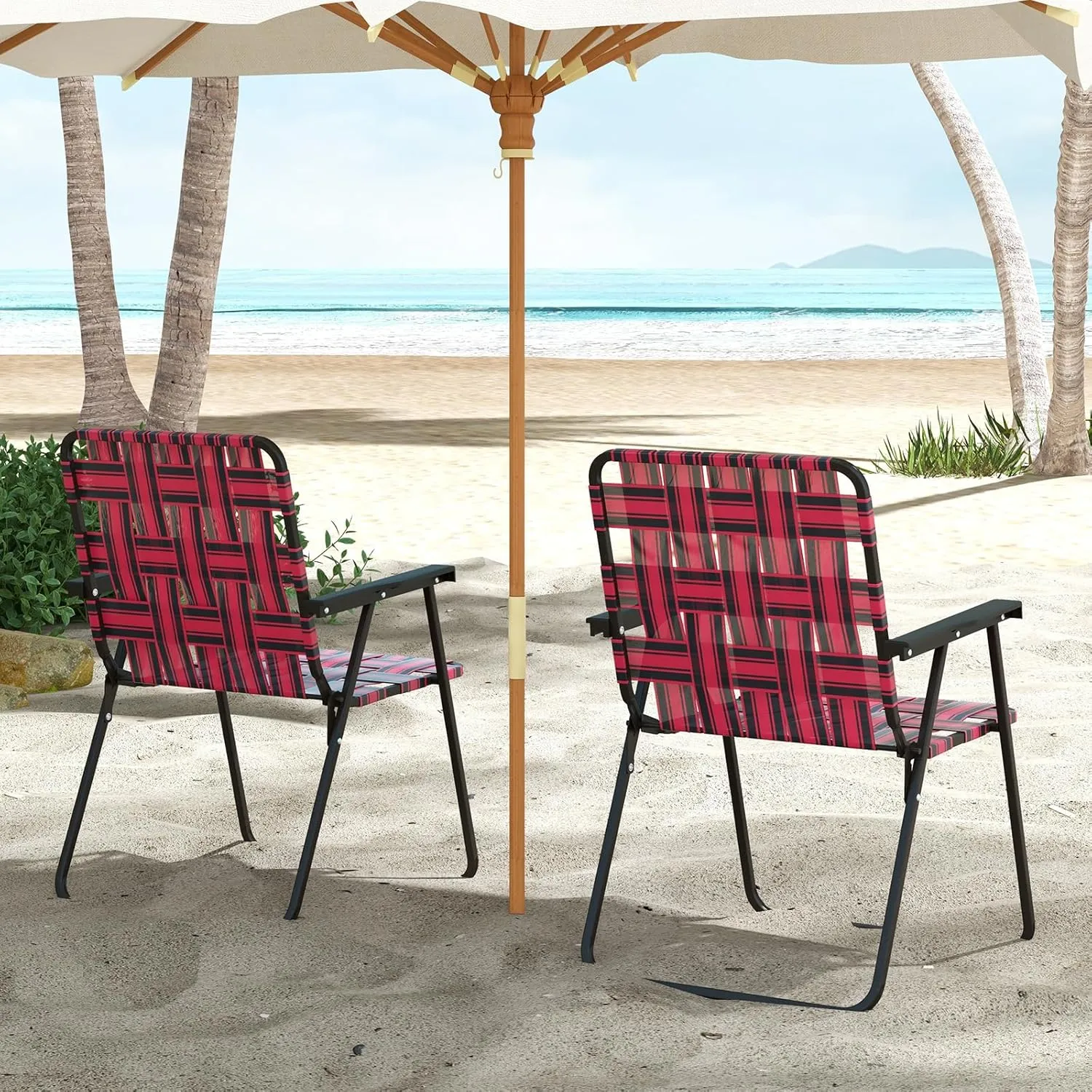GYMAX Folding Chair, Patio Lawn Chair Set with Armrest, Indoor/Outdoor 4 Pack Webbed Lightweight Dinning Chair, Portable Beach Chair for Outside, Poolside, Backyard (Red, 4)
