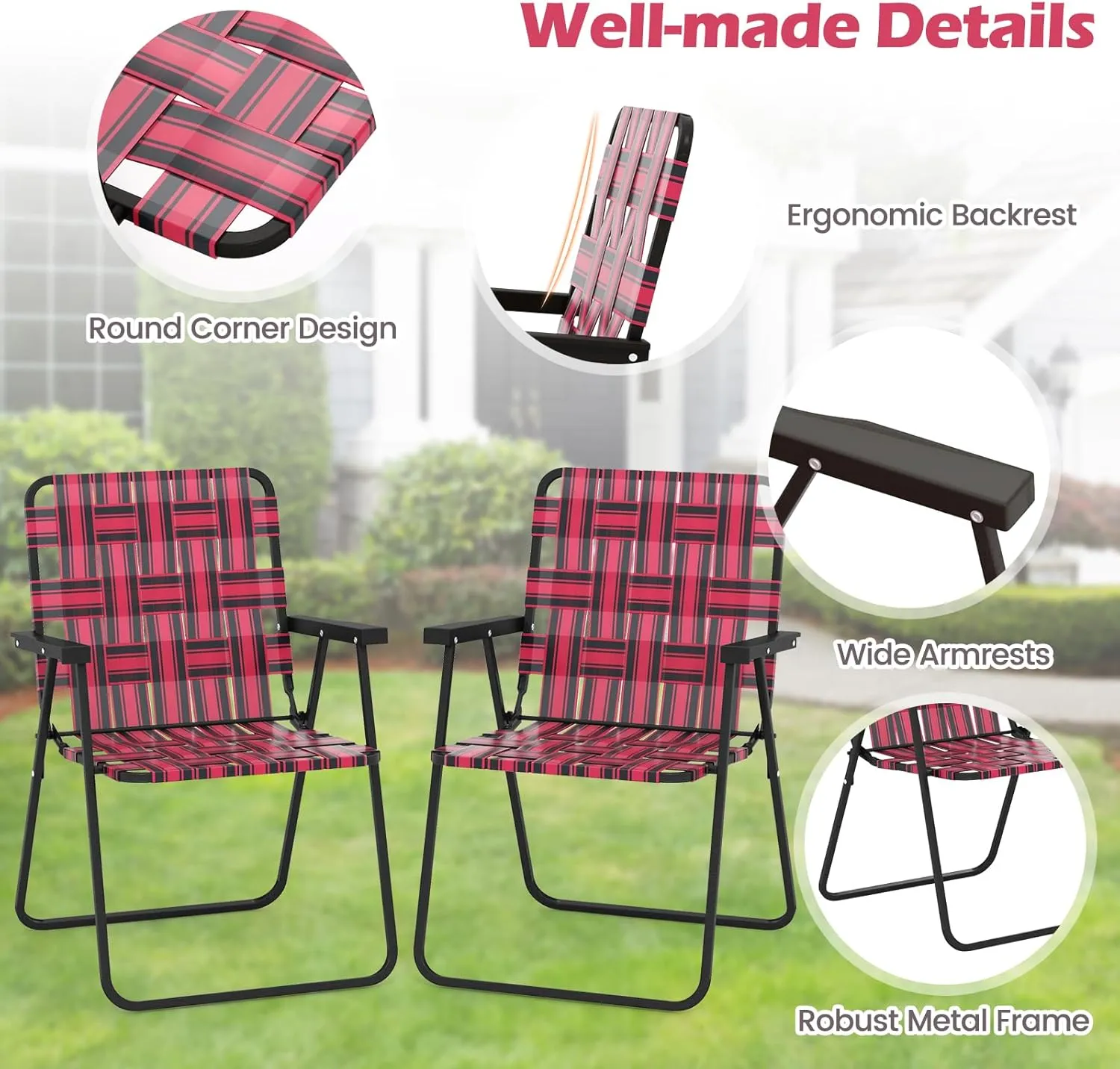 GYMAX Folding Chair, Patio Lawn Chair Set with Armrest, Indoor/Outdoor 4 Pack Webbed Lightweight Dinning Chair, Portable Beach Chair for Outside, Poolside, Backyard (Red, 4)