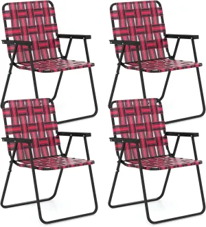 GYMAX Folding Chair, Patio Lawn Chair Set with Armrest, Indoor/Outdoor 4 Pack Webbed Lightweight Dinning Chair, Portable Beach Chair for Outside, Poolside, Backyard (Red, 4)