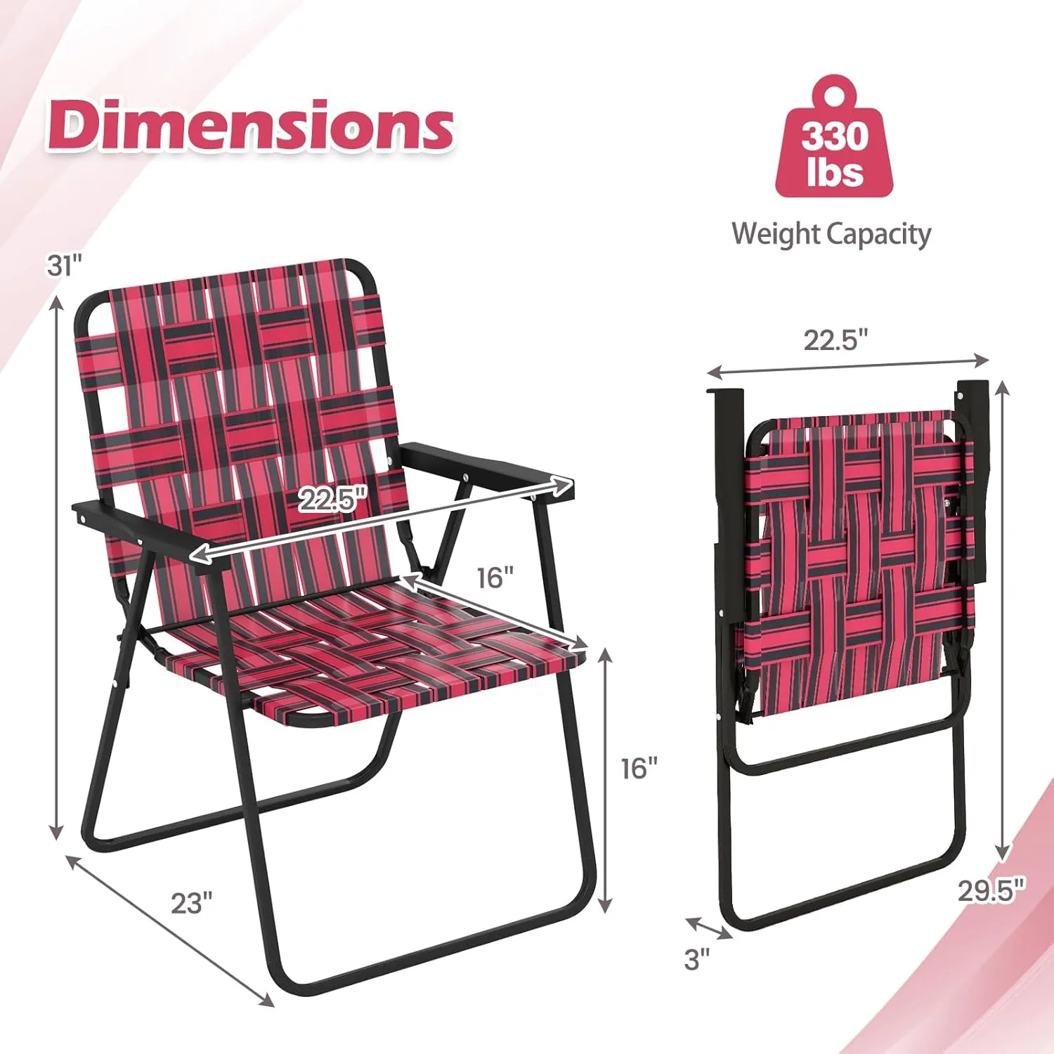 GYMAX Folding Chair, Patio Lawn Chair Set with Armrest, Indoor/Outdoor 4 Pack Webbed Lightweight Dinning Chair, Portable Beach Chair for Outside, Poolside, Backyard (Red, 4)