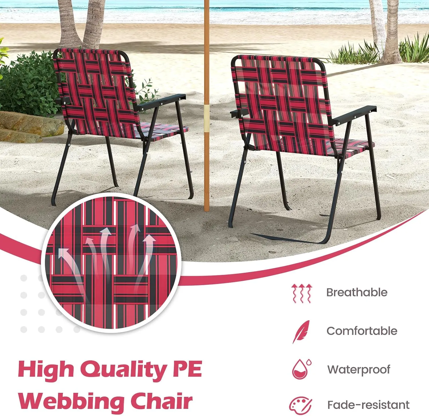 GYMAX Folding Chair, Patio Lawn Chair Set with Armrest, Indoor/Outdoor 4 Pack Webbed Lightweight Dinning Chair, Portable Beach Chair for Outside, Poolside, Backyard (Red, 4)