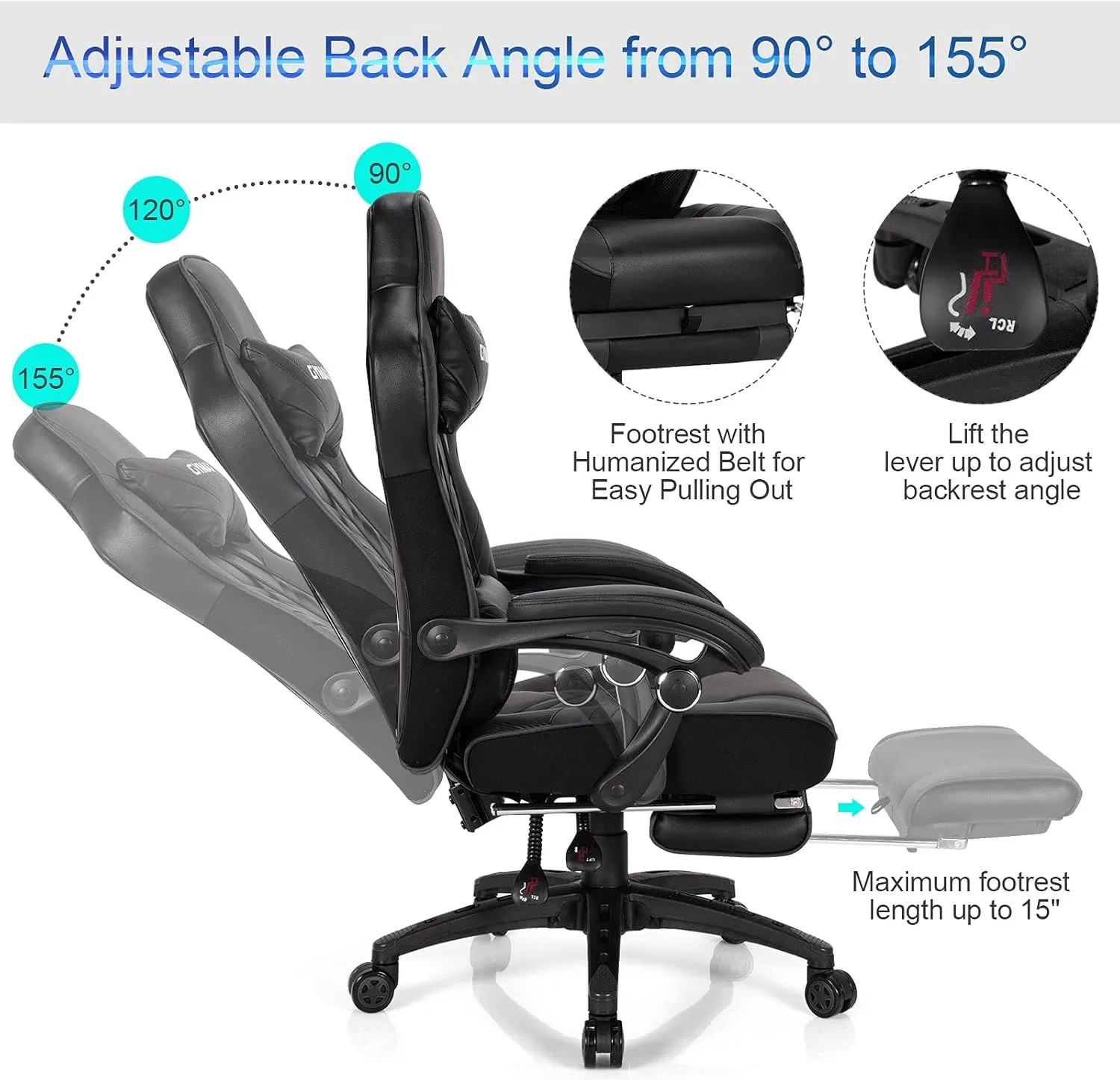 GYMAX Gaming Chair, Ergonomic Computer Chair with Footrest, Linkage Armrests & Lumbar Cushion, Big Wide High Back Video Gaming Chair, Reclining Office Rolling Chair for Adult/Teens (Black)