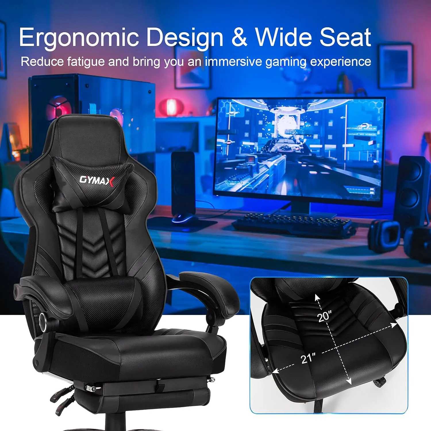 GYMAX Gaming Chair, Ergonomic Computer Chair with Footrest, Linkage Armrests & Lumbar Cushion, Big Wide High Back Video Gaming Chair, Reclining Office Rolling Chair for Adult/Teens (Black)