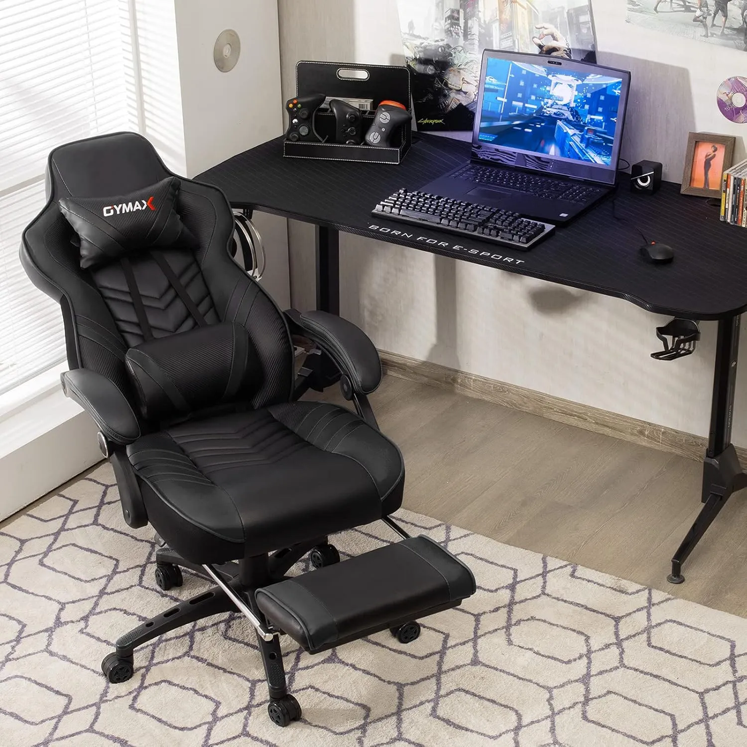 GYMAX Gaming Chair, Ergonomic Computer Chair with Footrest, Linkage Armrests & Lumbar Cushion, Big Wide High Back Video Gaming Chair, Reclining Office Rolling Chair for Adult/Teens (Black)