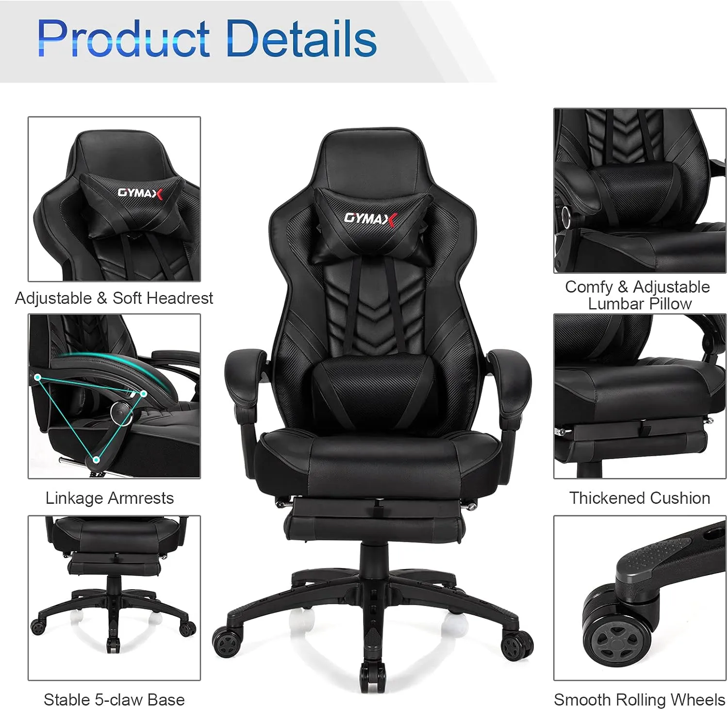GYMAX Gaming Chair, Ergonomic Computer Chair with Footrest, Linkage Armrests & Lumbar Cushion, Big Wide High Back Video Gaming Chair, Reclining Office Rolling Chair for Adult/Teens (Black)