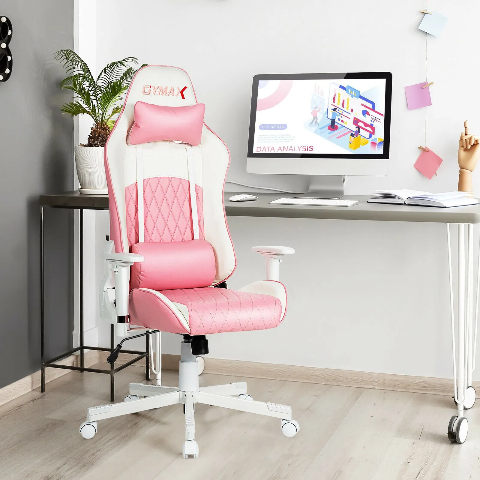 Gymax Gaming Chair Racing Style Adjustable Swivel Computer Office Chair Pink  CB10206PK