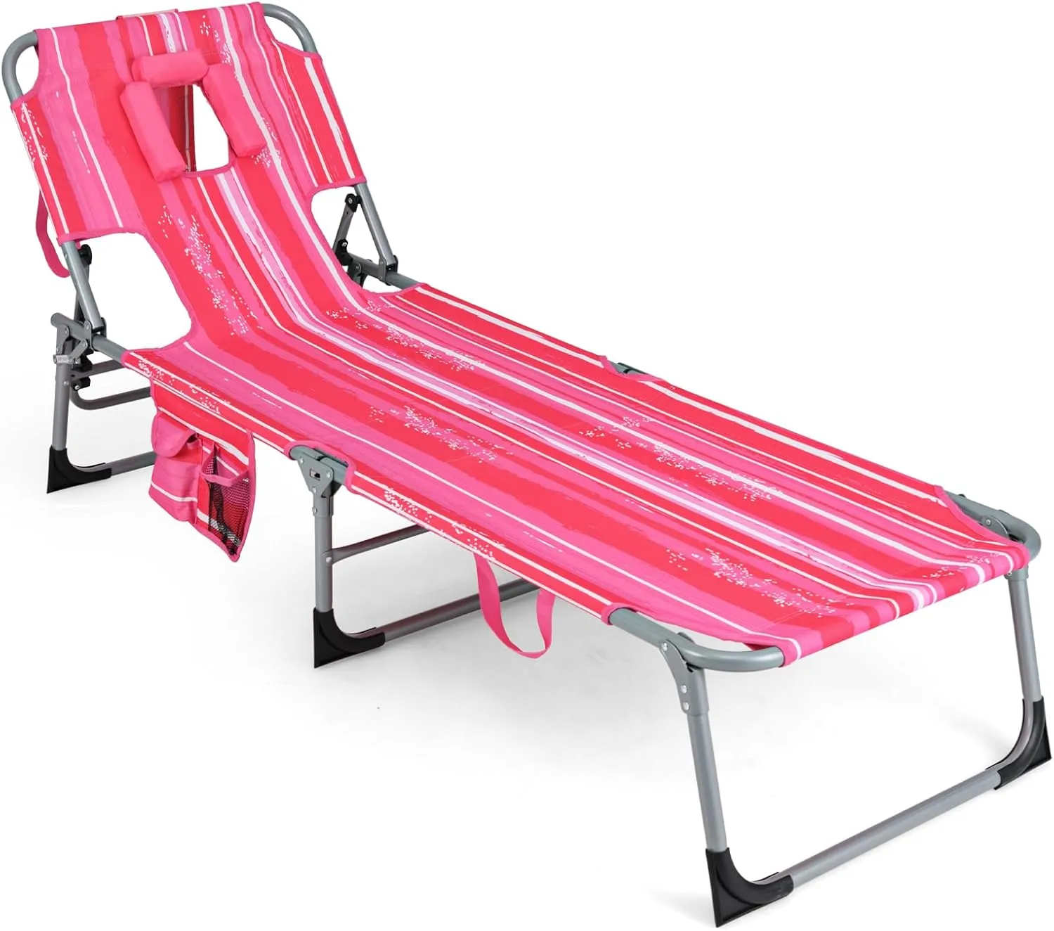GYMAX Tanning Chair, Folding Beach Lounger with Face Arm Hole, Adjustable Backrest, Side Pocket & Carry Handle, Outside Sunbathing Lounge Chair for Patio, Poolside, Lawn (1, Pink Stripe)