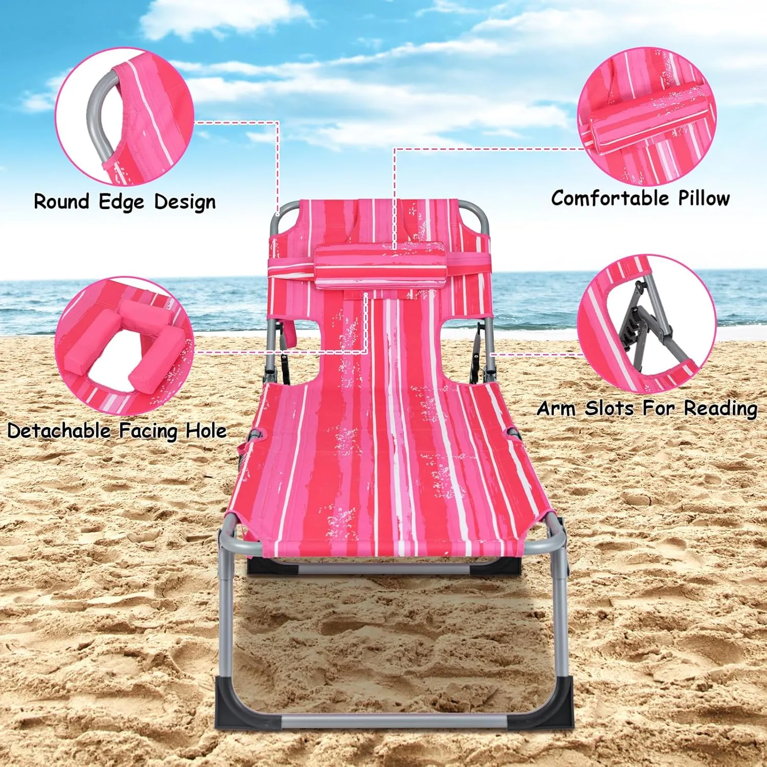 GYMAX Tanning Chair, Folding Beach Lounger with Face Arm Hole, Adjustable Backrest, Side Pocket & Carry Handle, Outside Sunbathing Lounge Chair for Patio, Poolside, Lawn (1, Pink Stripe)