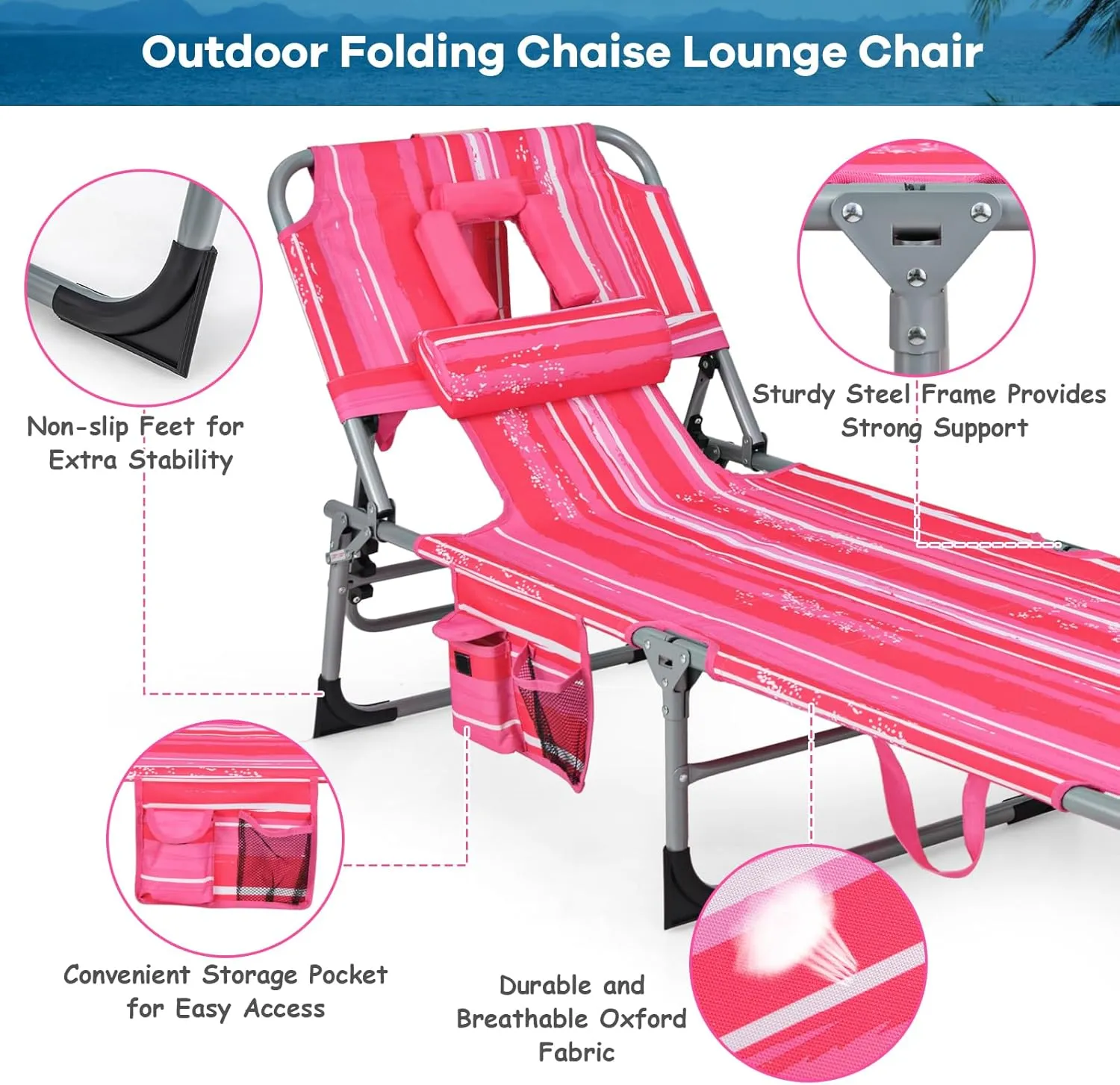 GYMAX Tanning Chair, Folding Beach Lounger with Face Arm Hole, Adjustable Backrest, Side Pocket & Carry Handle, Outside Sunbathing Lounge Chair for Patio, Poolside, Lawn (1, Pink Stripe)