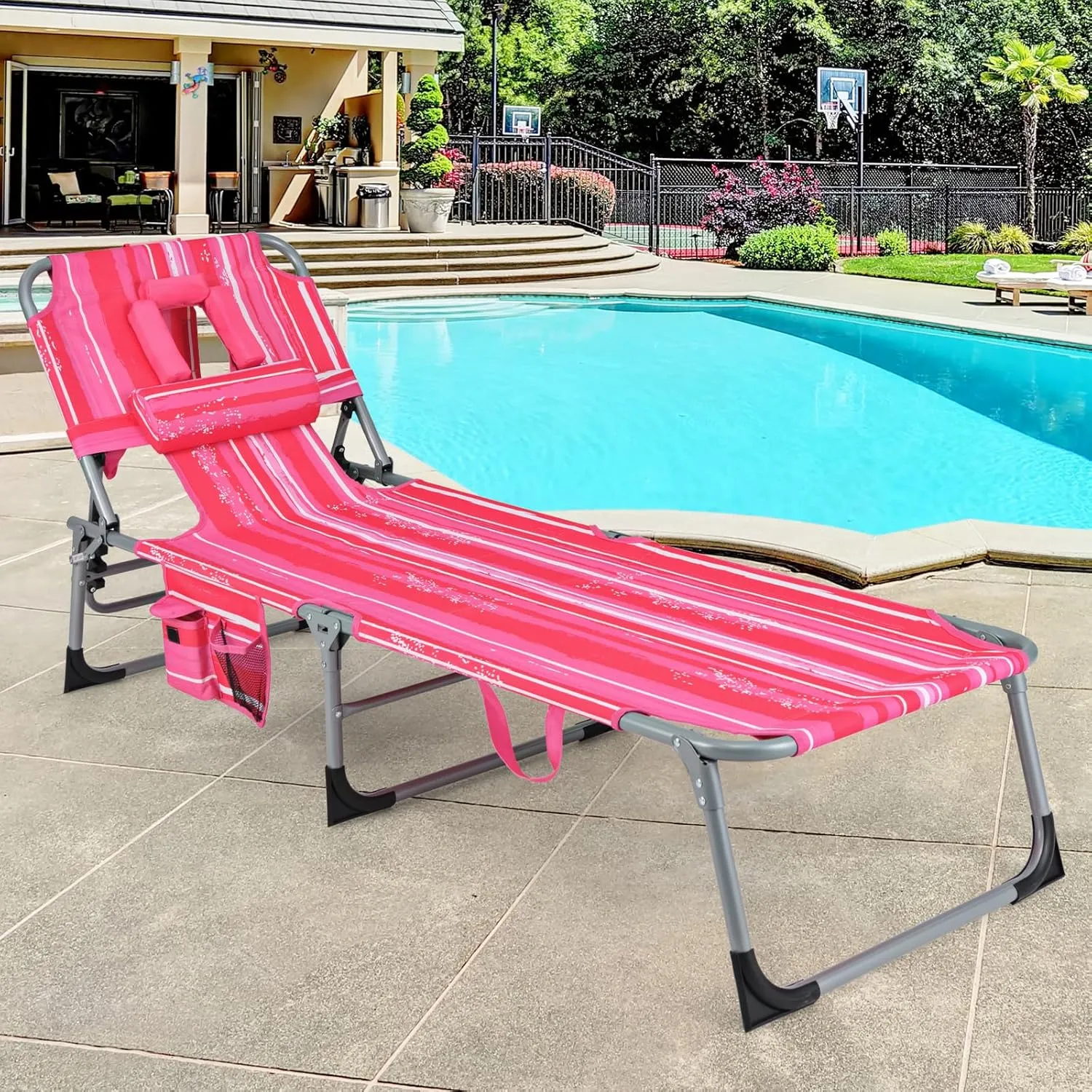 GYMAX Tanning Chair, Folding Beach Lounger with Face Arm Hole, Adjustable Backrest, Side Pocket & Carry Handle, Outside Sunbathing Lounge Chair for Patio, Poolside, Lawn (1, Pink Stripe)