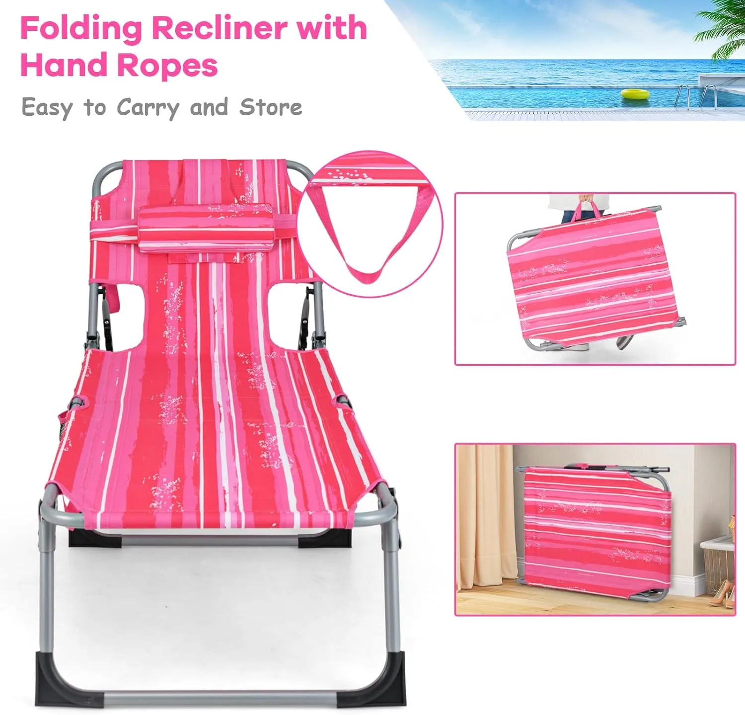 GYMAX Tanning Chair, Folding Beach Lounger with Face Arm Hole, Adjustable Backrest, Side Pocket & Carry Handle, Outside Sunbathing Lounge Chair for Patio, Poolside, Lawn (1, Pink Stripe)